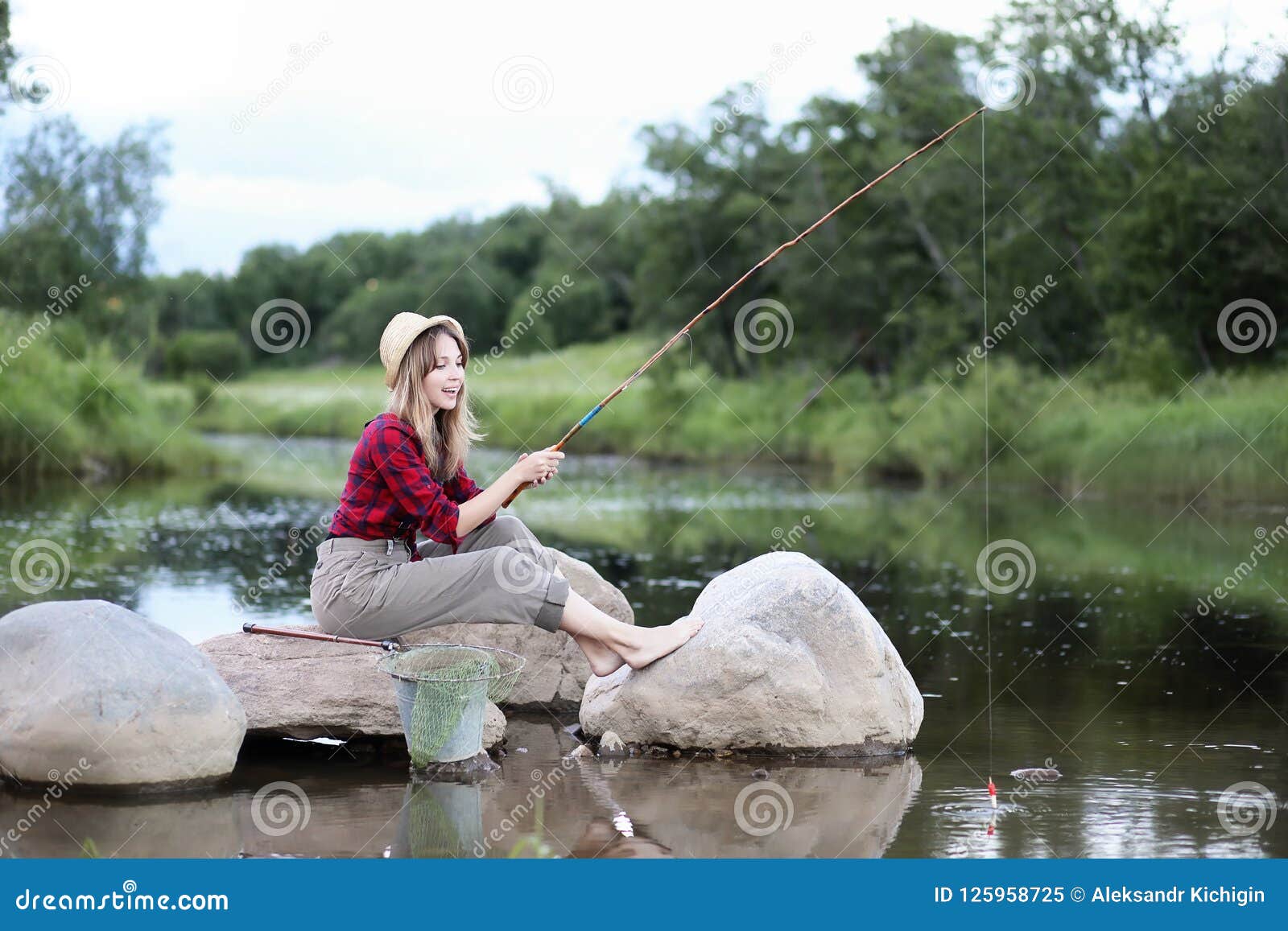 Girl by the River with a Fishing Rod Stock Image - Image of girl