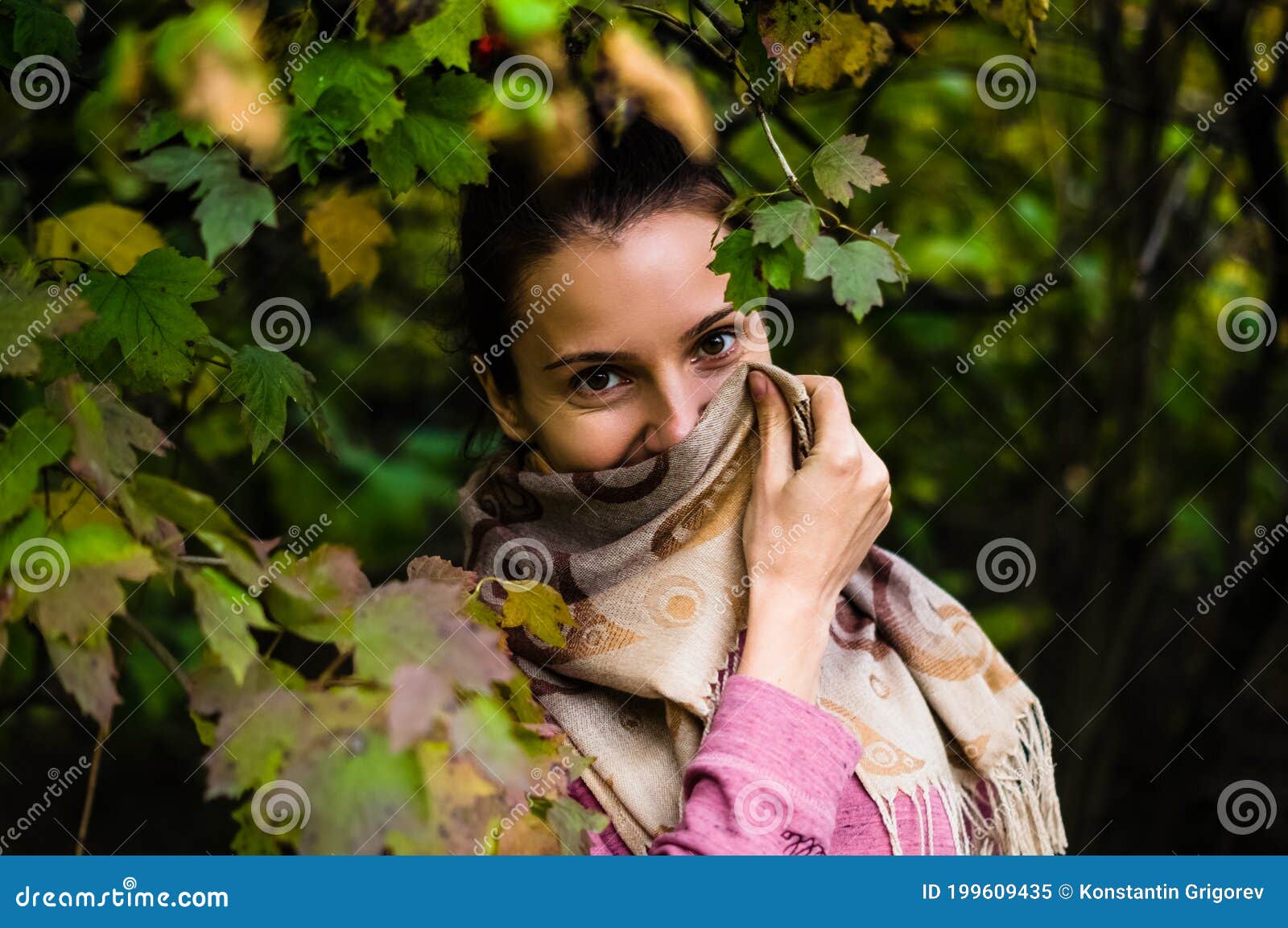Beautiful Young Girl Portrait in Autumn Park. Woman Hide Her Face in ...