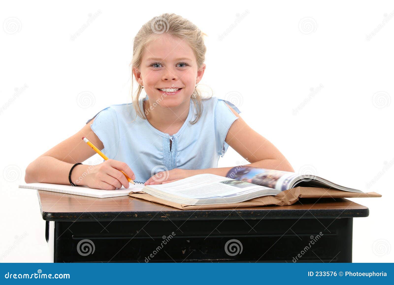 Beautiful Young Girl Sitting At School Desk Stock Photo Image Of