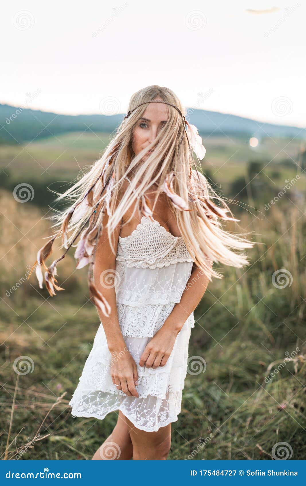 Beautiful Young Hippie Boho Style Woman in White Dress, Close Up ...