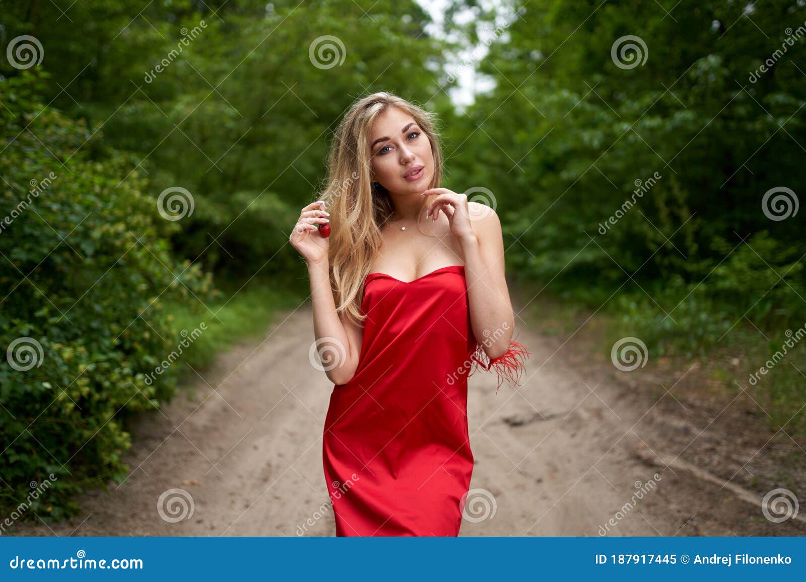 Beautiful Young Long-haired Blonde in a Red Dress Posing on the Road in ...