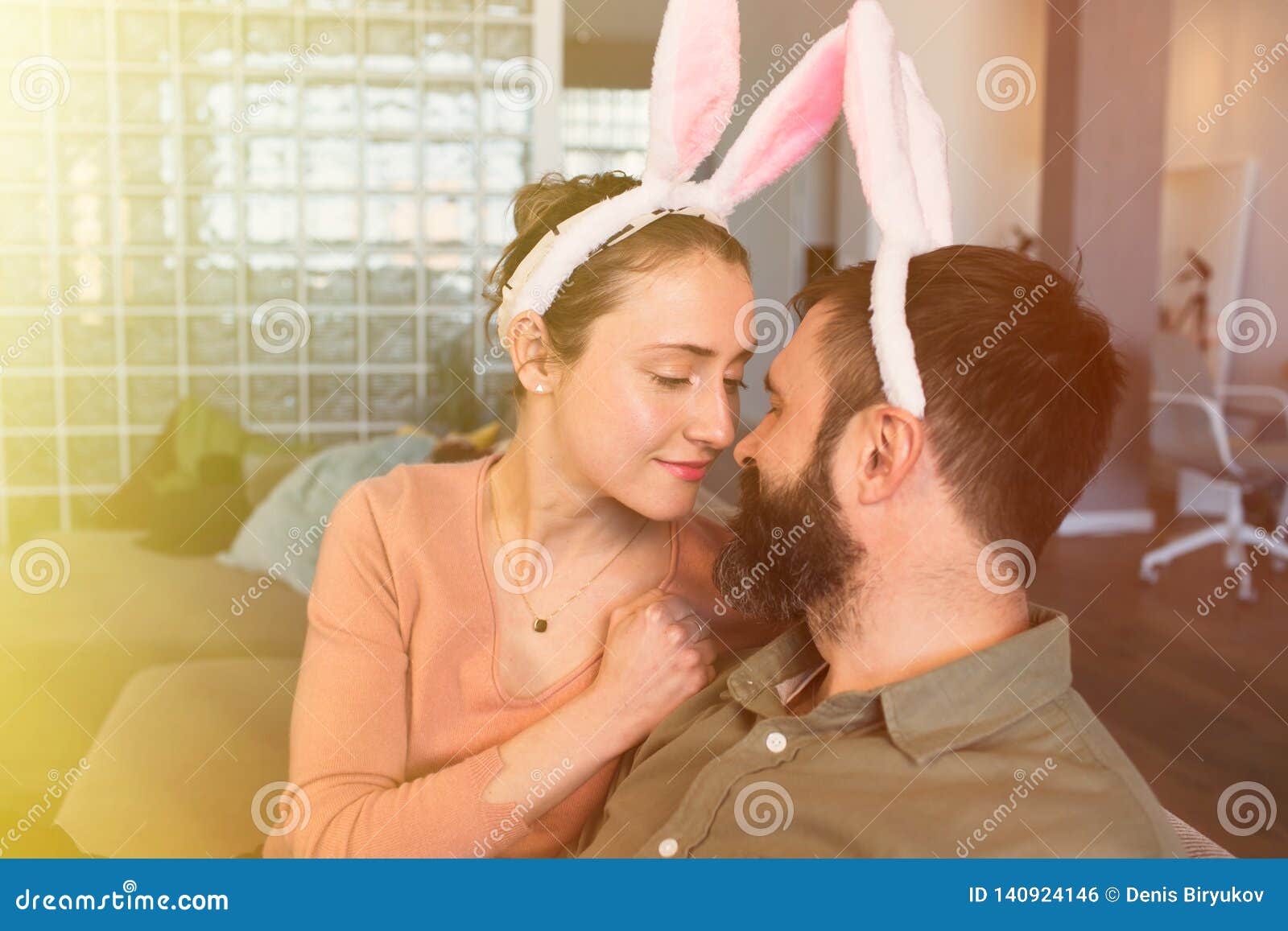 Beautiful Young Loving Couple Bonding To Each Other And Smiling While