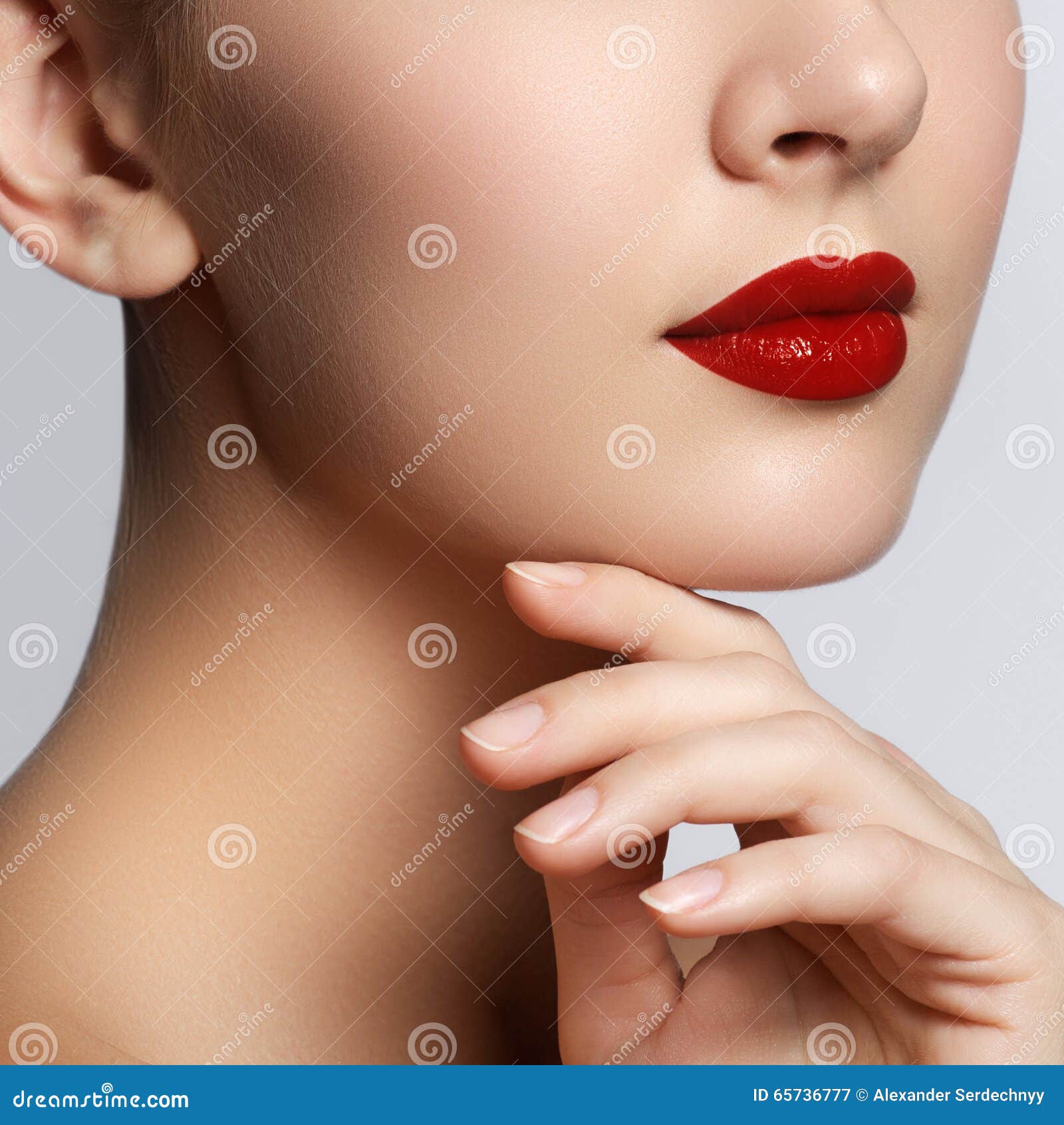 Beautiful Young Model With Red Lips And French Manicure Part Of Stock 