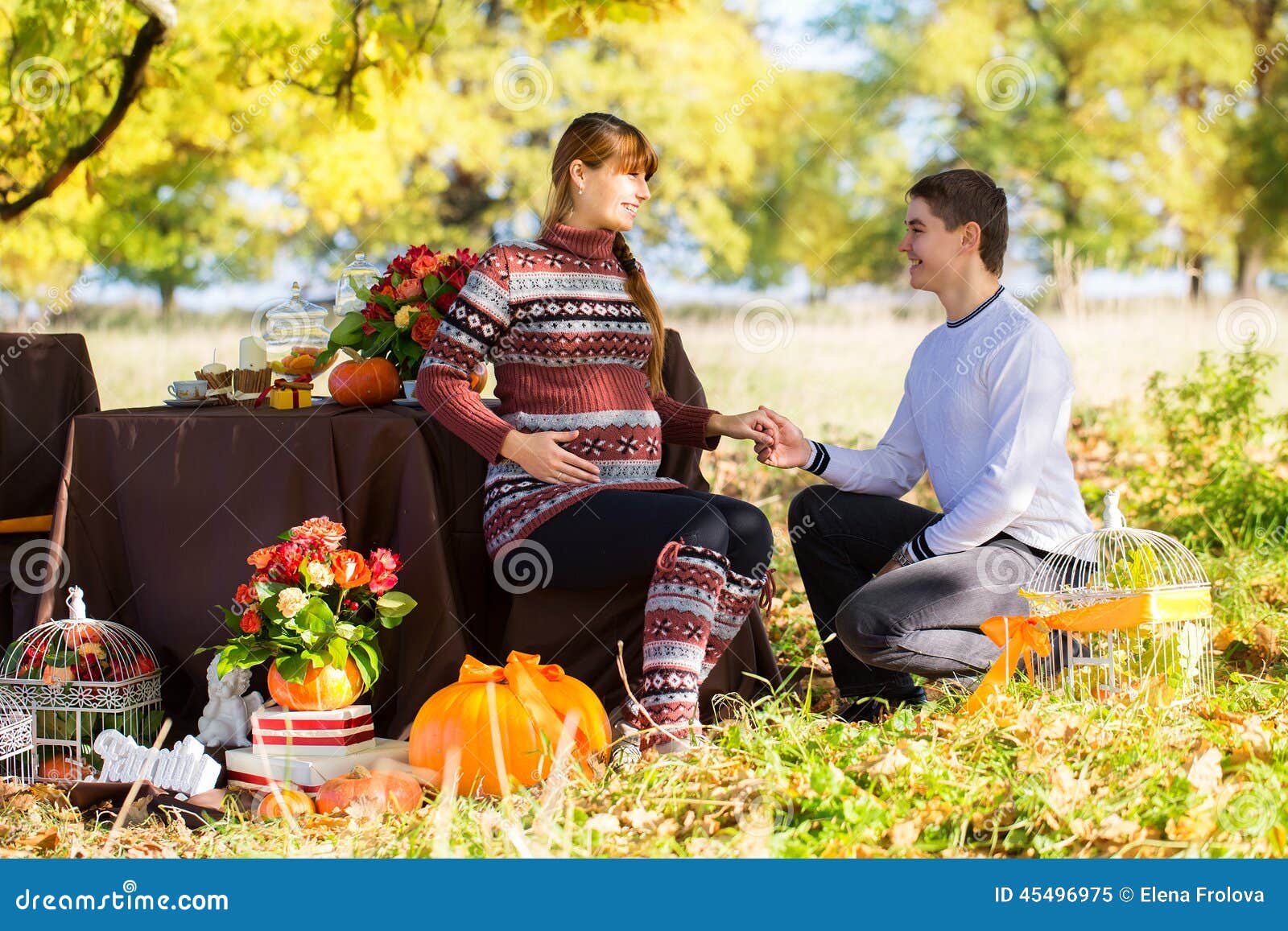 Beautiful Young Pregnant Couple Having Picnic In Autumn