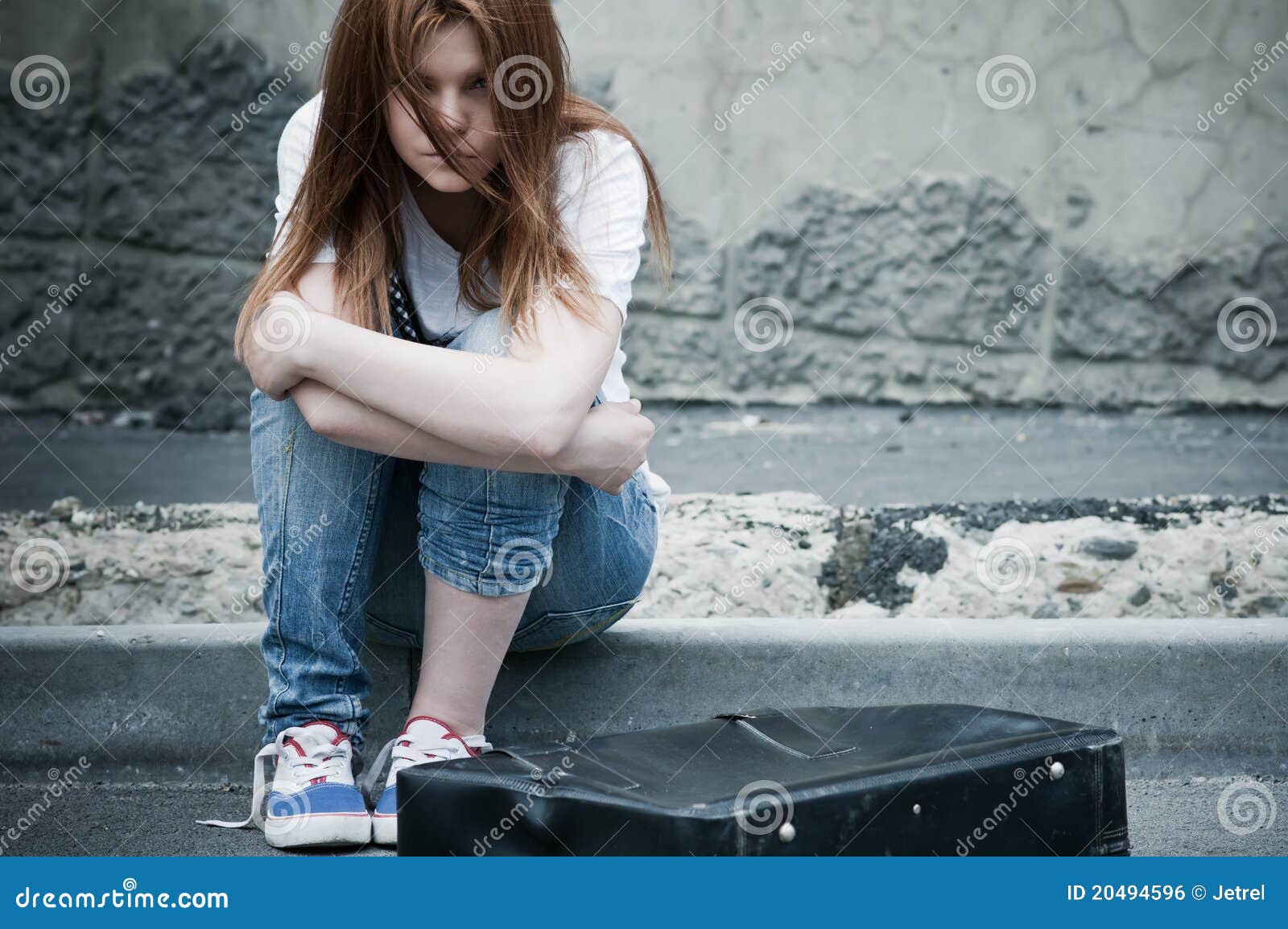 Beautiful Young Sad Girl Sitting on Asphalt Stock Photo - Image of ...