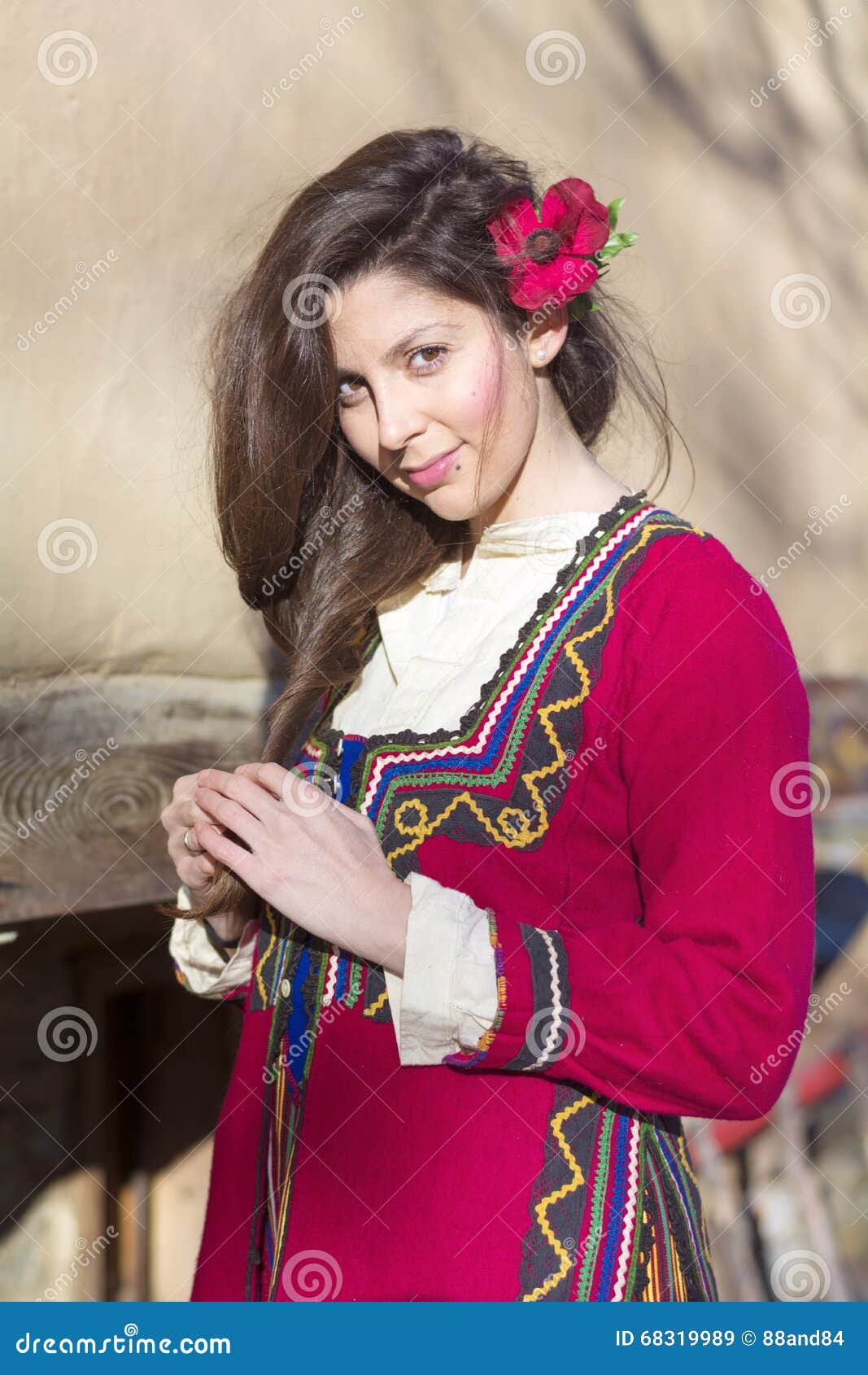 Beautiful Young Smiling Woman with Balkan Folk Red Costume Stock Image ...