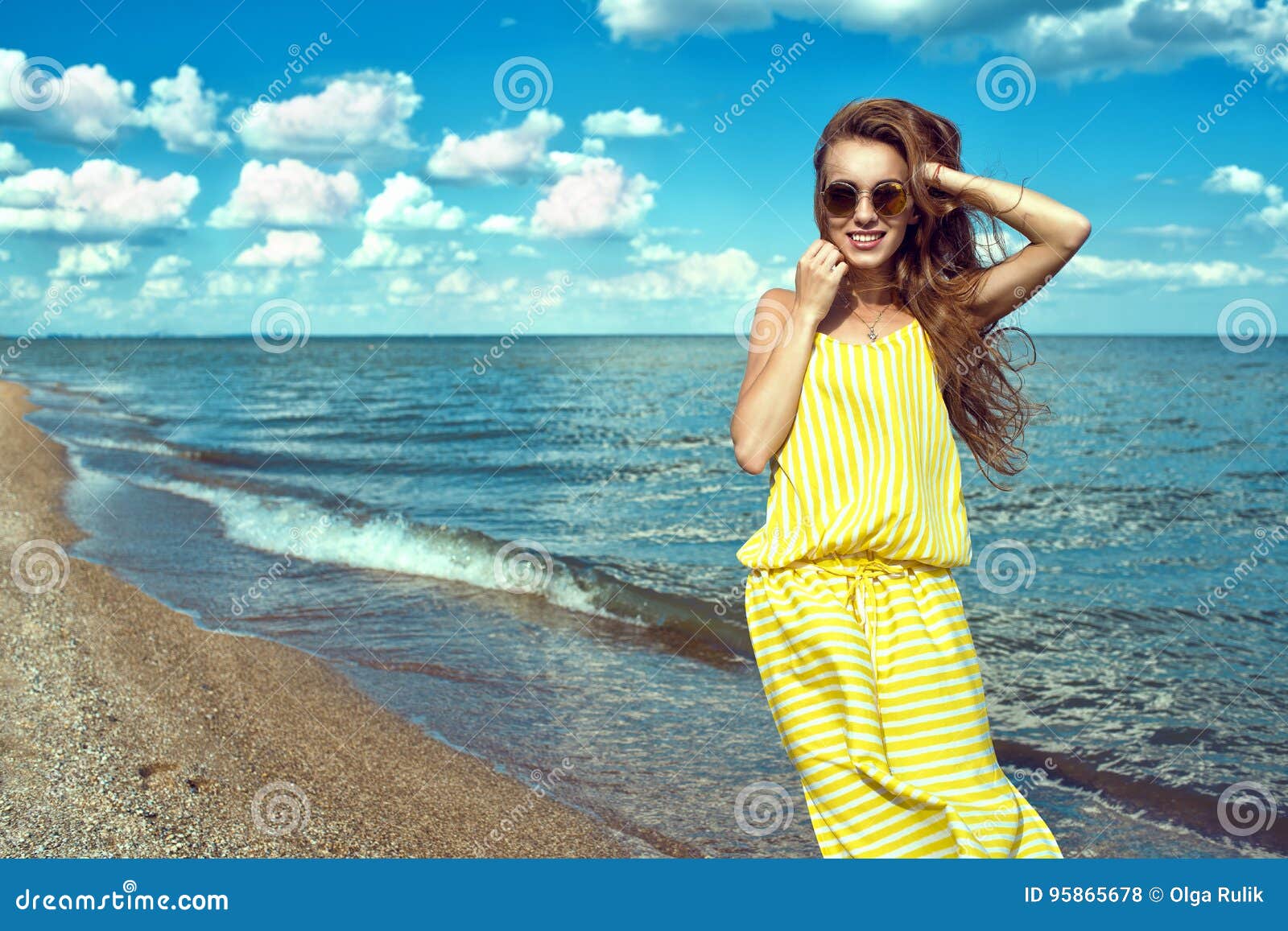 Young Woman Wearing Lemon Fair Isle Leg Warmers Isolated on White