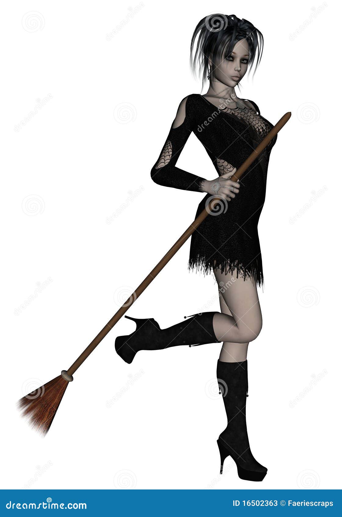 Beautiful Young Witch Holding Broomstick Stock Illustration