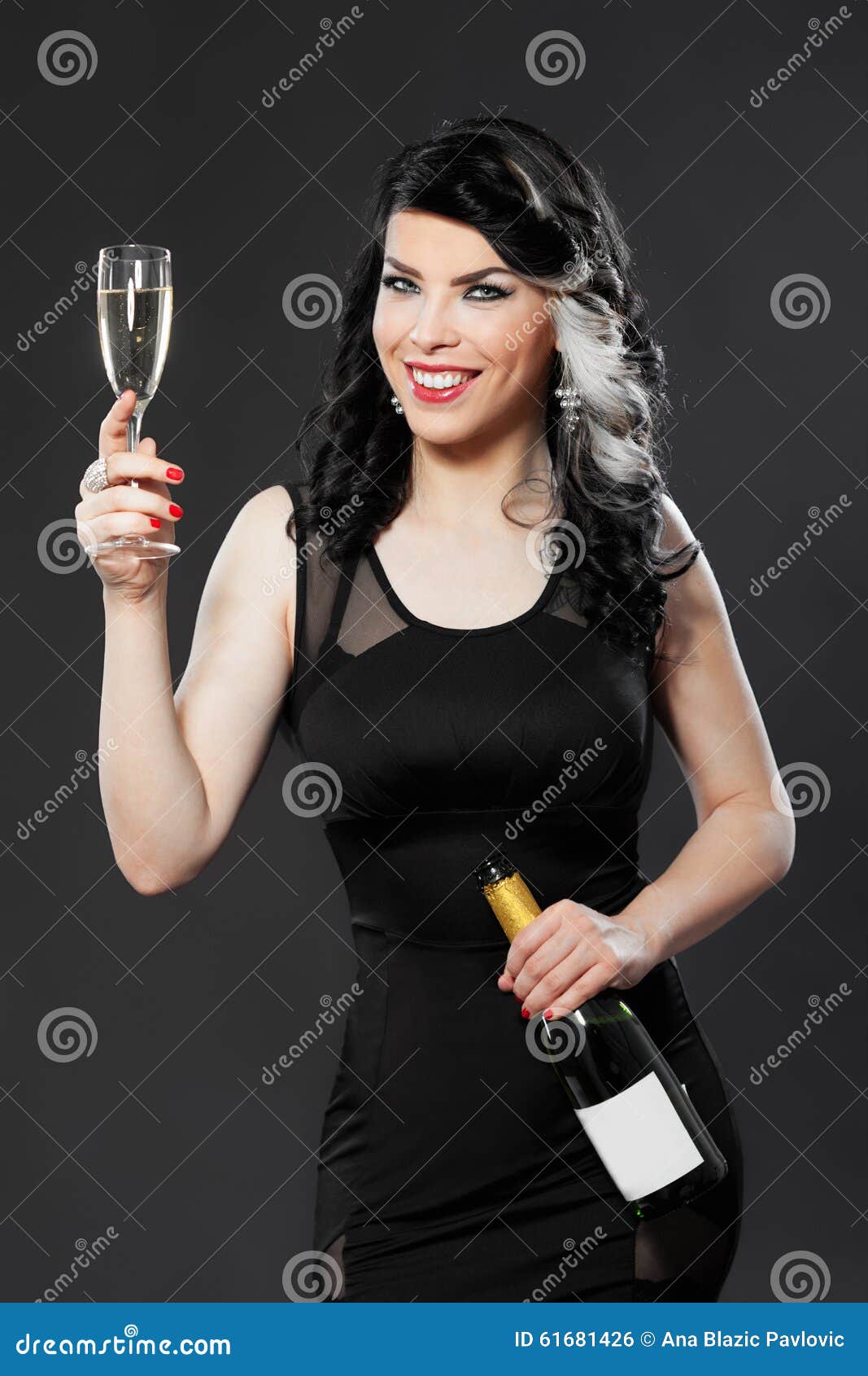 Elegant Woman with Big Boobs in Tight Blue Dress Holding Wineglass