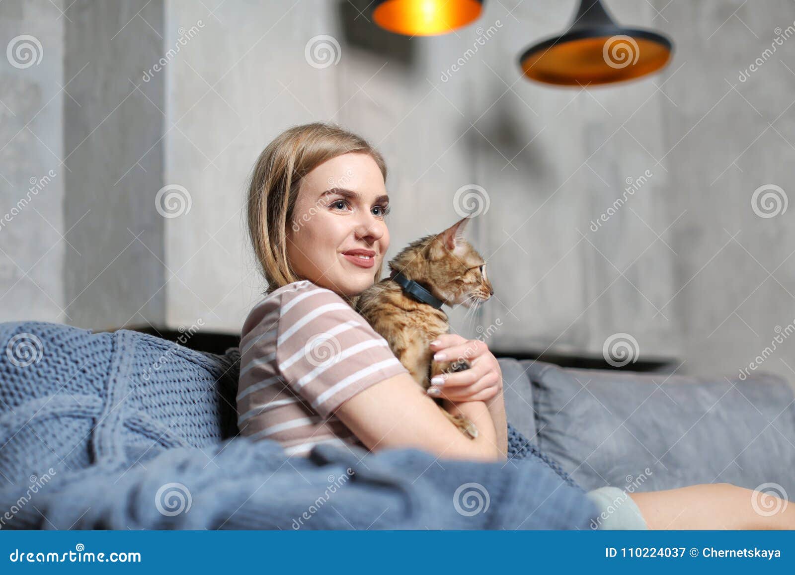 Beautiful Young Woman with Cute Cat on Sofa Stock Image - Image of ...