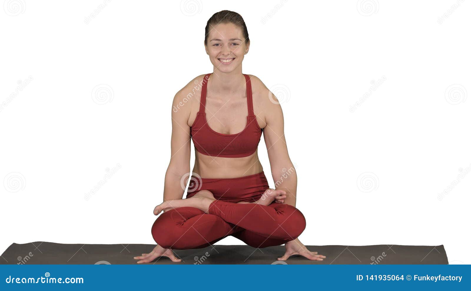 One Lady Is Sitting In A Mrigi Mudra Asana Raised Arms, Crossed Legs' Lotus  Pose And Makes Pranayama Exercise, Next Two Stretches In Pigeon Pose Pada  Radha Kapotasana Royalty Free SVG, Cliparts,