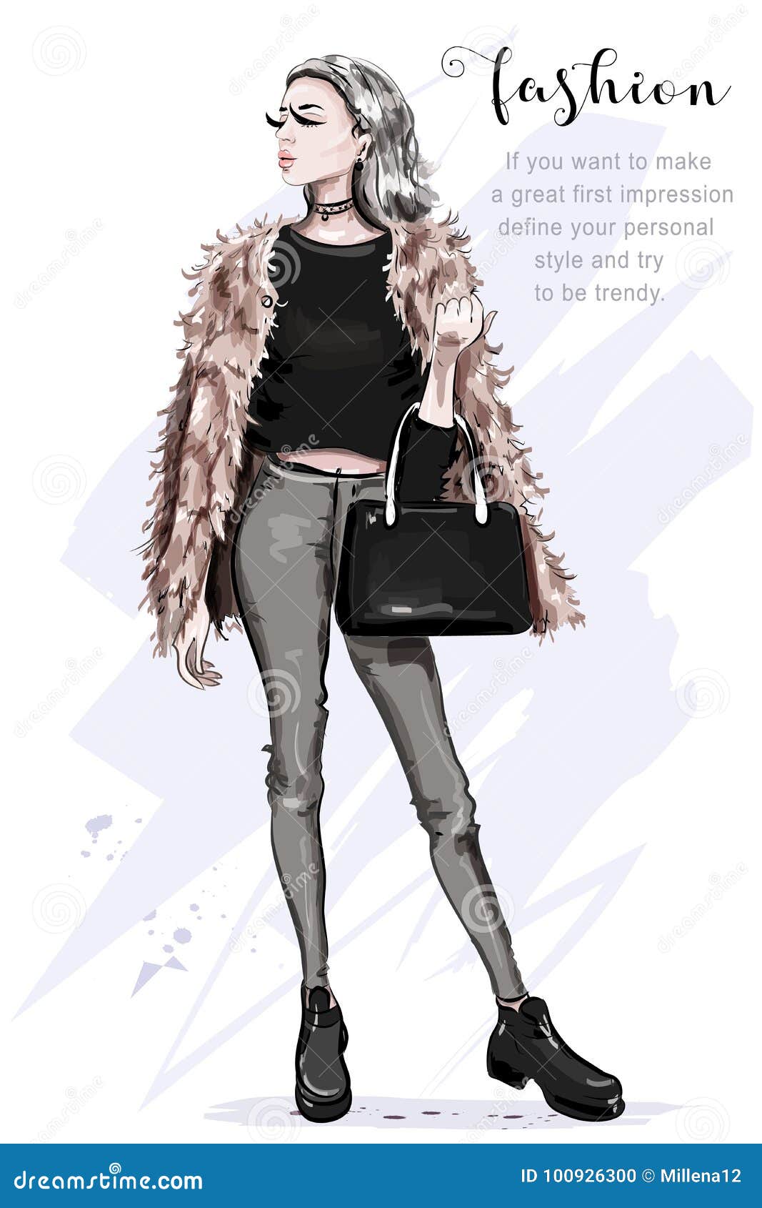 beautiful young woman in fashion clothes: faux fur jacket