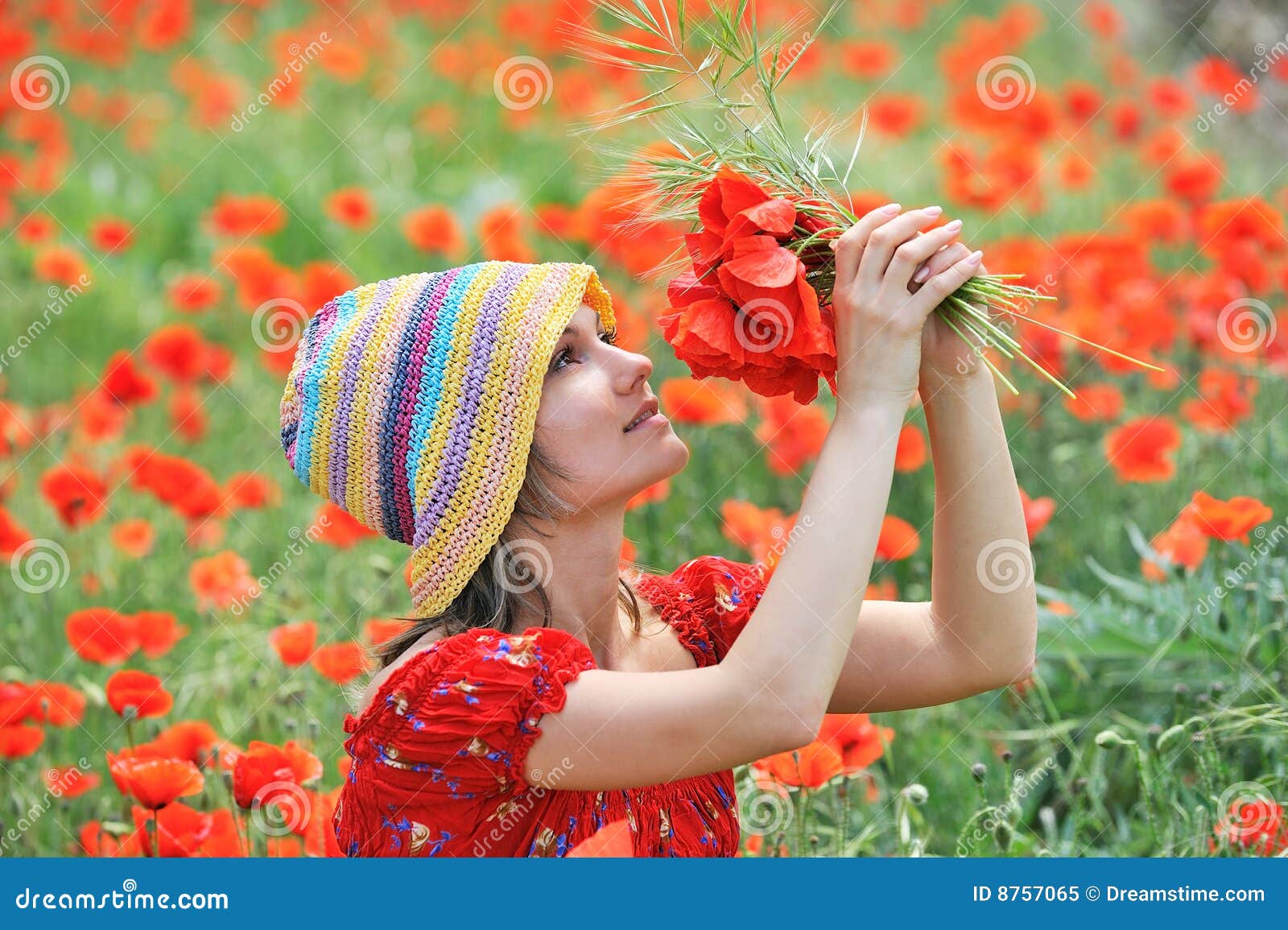 Beautiful Young Woman On Field With Poppies Stock Image Image Of