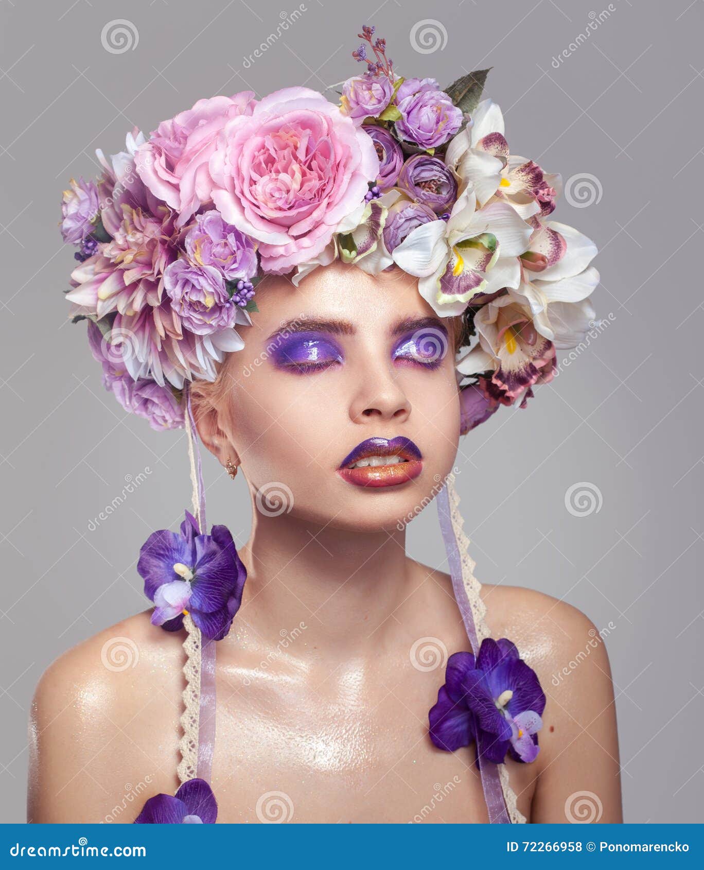 Beautiful Young Woman with Flowers on Head Stock Photo - Image of