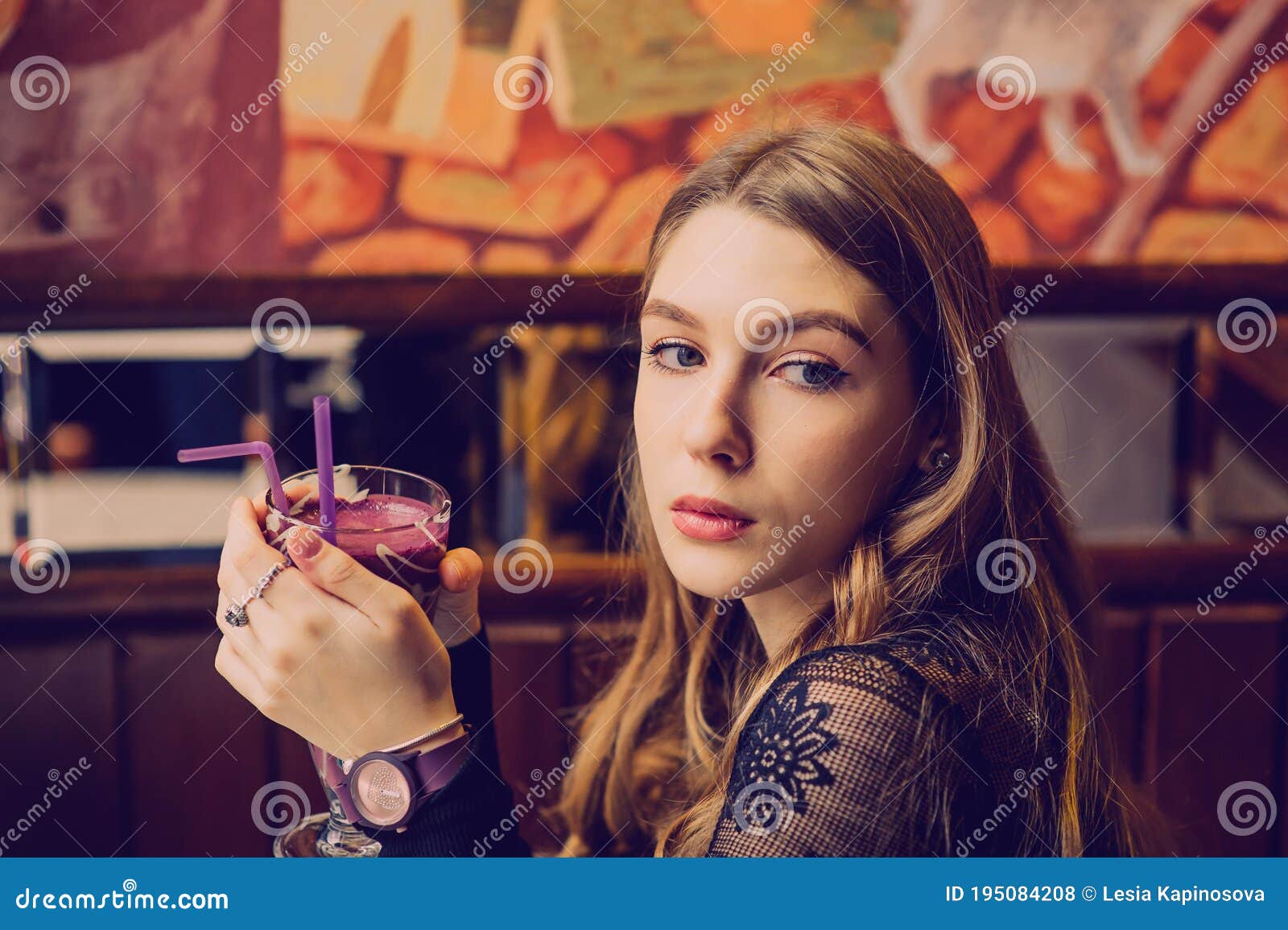 Beautiful Young Woman With Fruit Smoothie Girl Drinking Smoothie In A Cafe Girl In Black Dress 