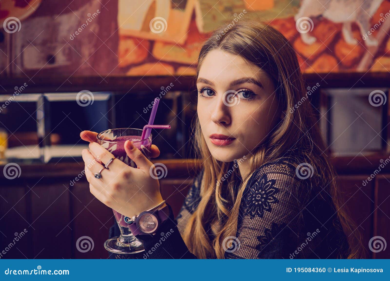 Beautiful Young Woman With Fruit Smoothie Girl Drinking Smoothie In A Cafe Girl In Black Dress 