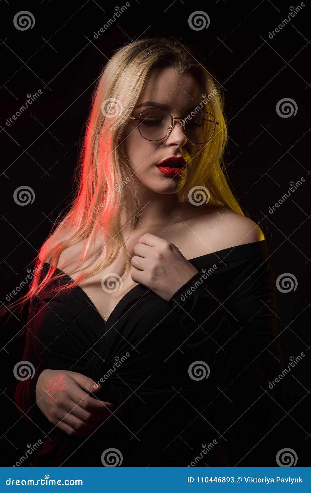 Naked girls blond glasses Beautiful Blonde Woman In Glasses Wearing Blouse With Naked Shoulders Posing With Red And Yellow Light Stock Image Image Of Person Brunette 110446893