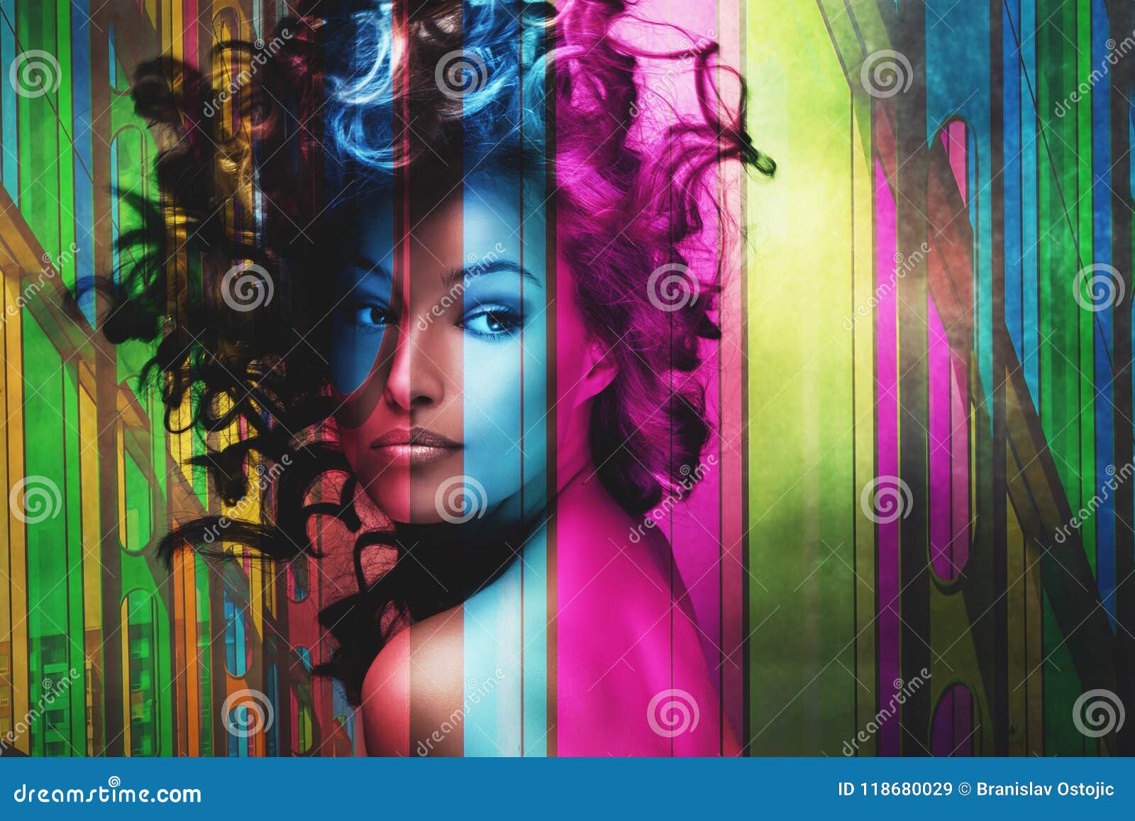 beautiful woman with hair in motion double exposure