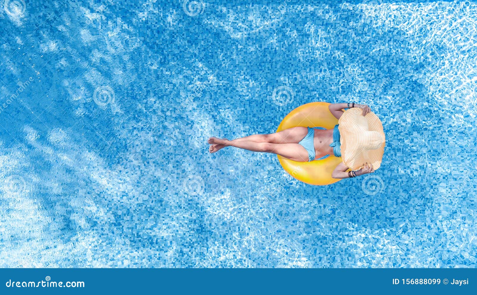 Beautiful Young Woman in Hat in Swimming Pool Aerial Top View from ...