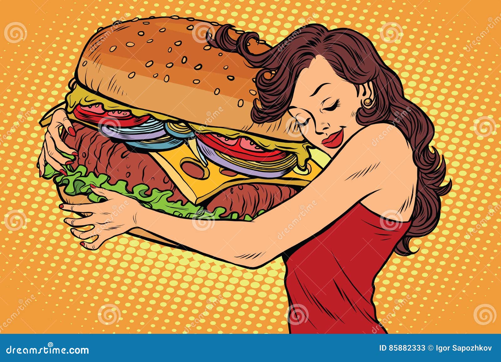beautiful young woman hugging burger
