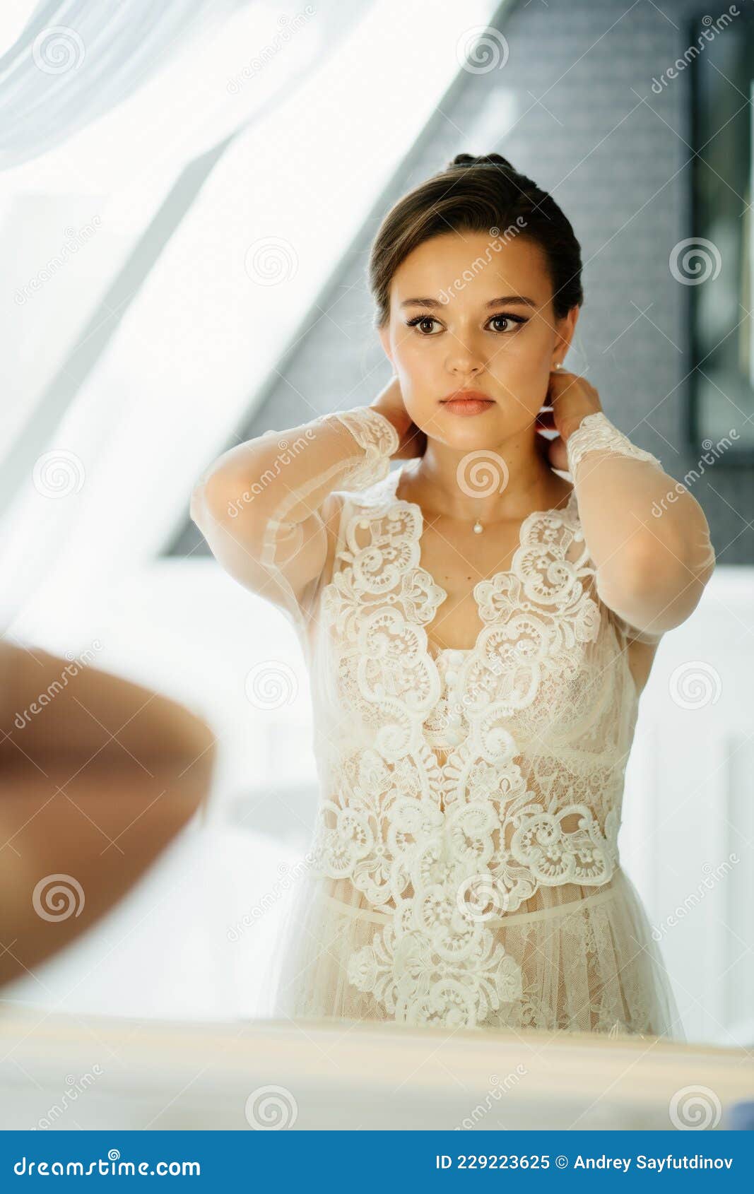 A Beautiful Young Woman in a Lace Robe by the Mirror Stock Image - Image of  leisure, outfit: 229223625