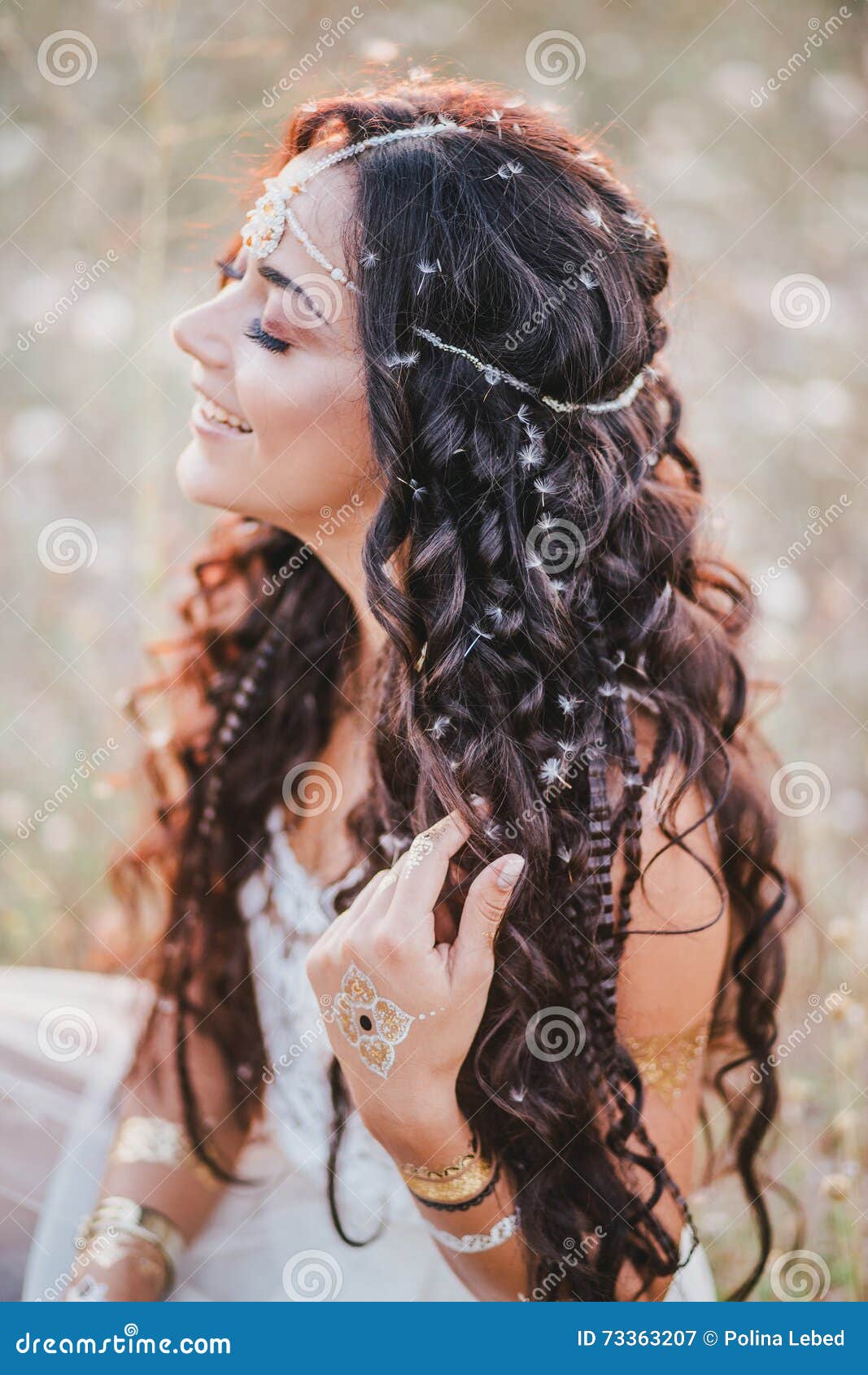 Beautiful Young Woman with Long Curly Hair Dressed in Boho Style Dress  Posing in a Field with Dandelions Stock Image - Image of lace, hair:  73363207