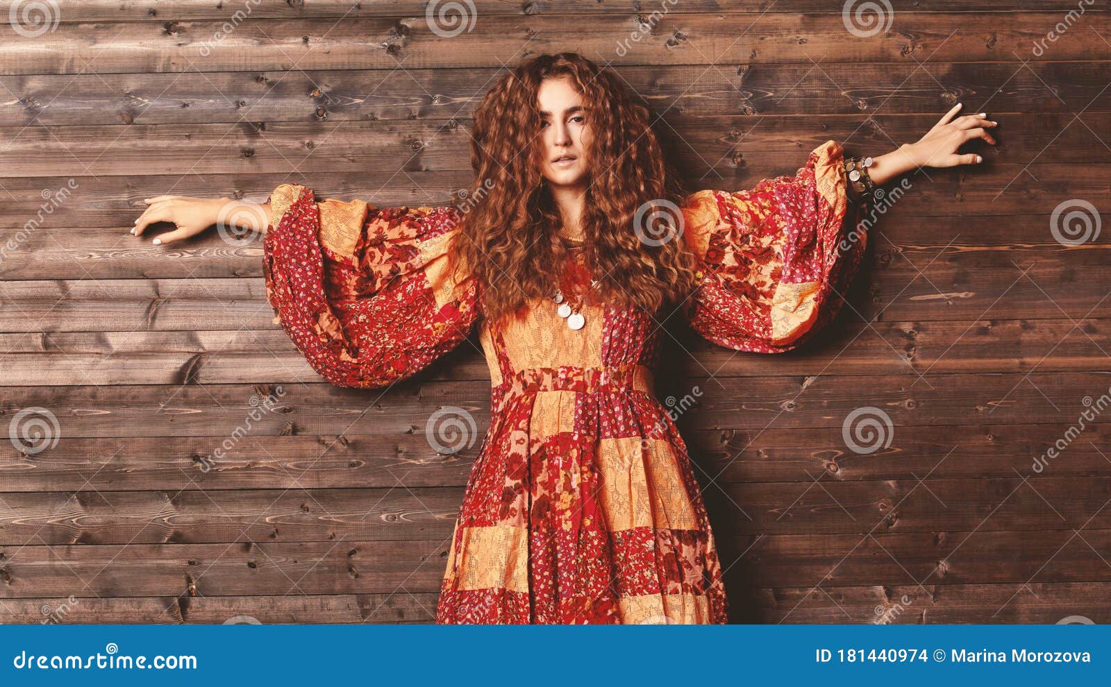 Beautiful Young Woman with Long Curly Hairstyle, Fashion Jewelry. Indian  Boho Clothes, Long Dress. Bohemian Style Stock Photo - Image of flower,  freedom: 181440974