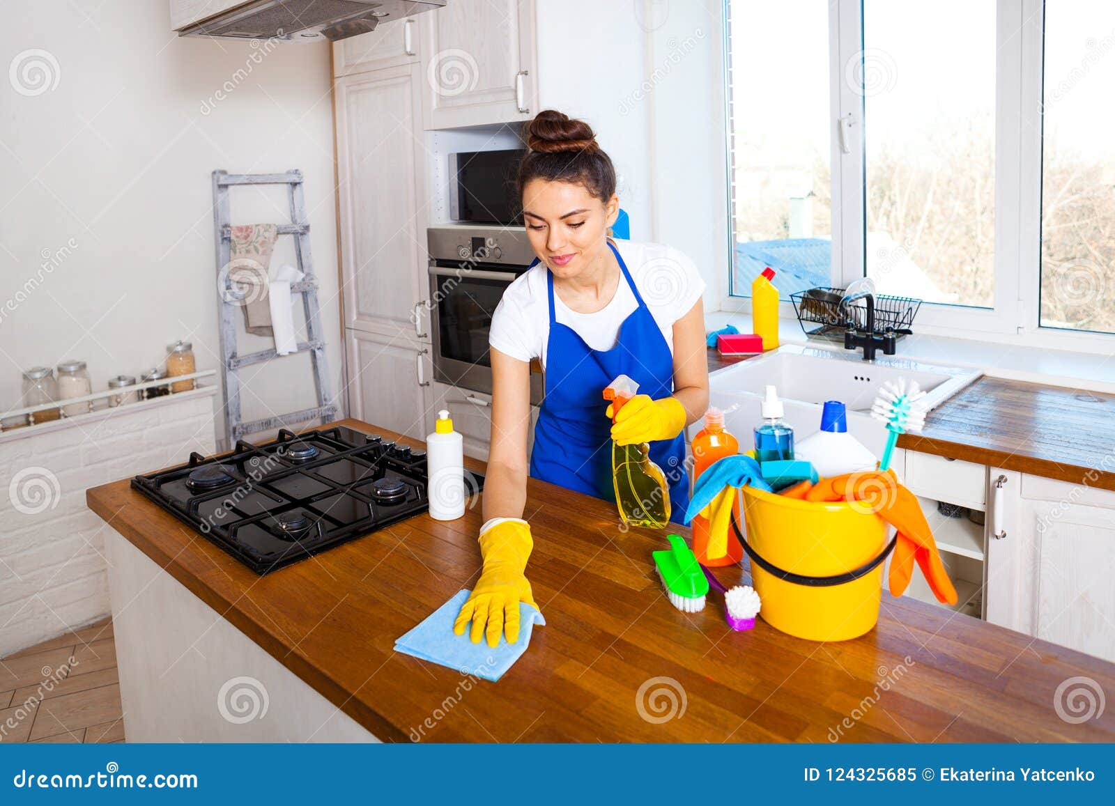 Beautiful Young Woman Makes Cleaning The House Girl Cleaning Kitchen Set Stock Image Image Of Dust
