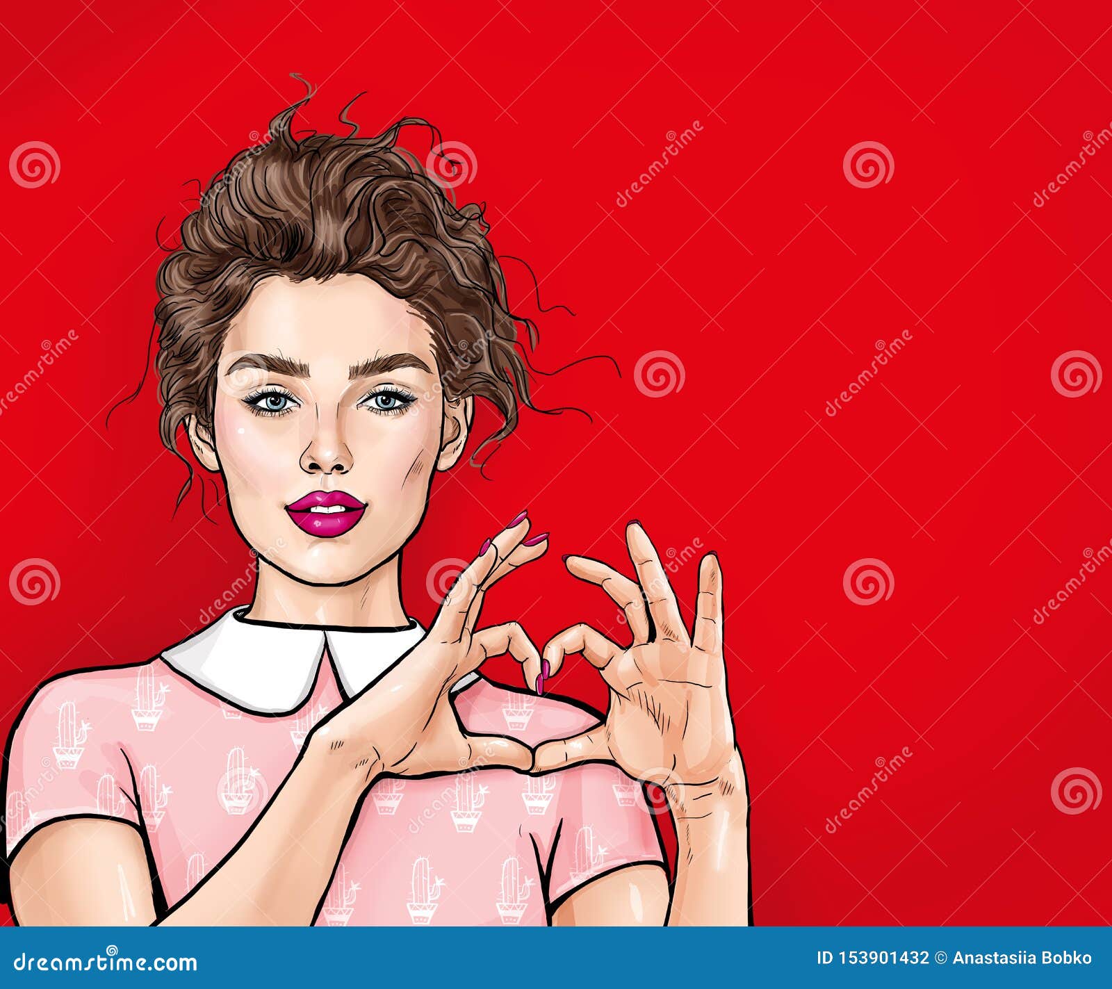 beautiful young woman making heart with her hands on red background. positive human emotion expression feeling life body language.