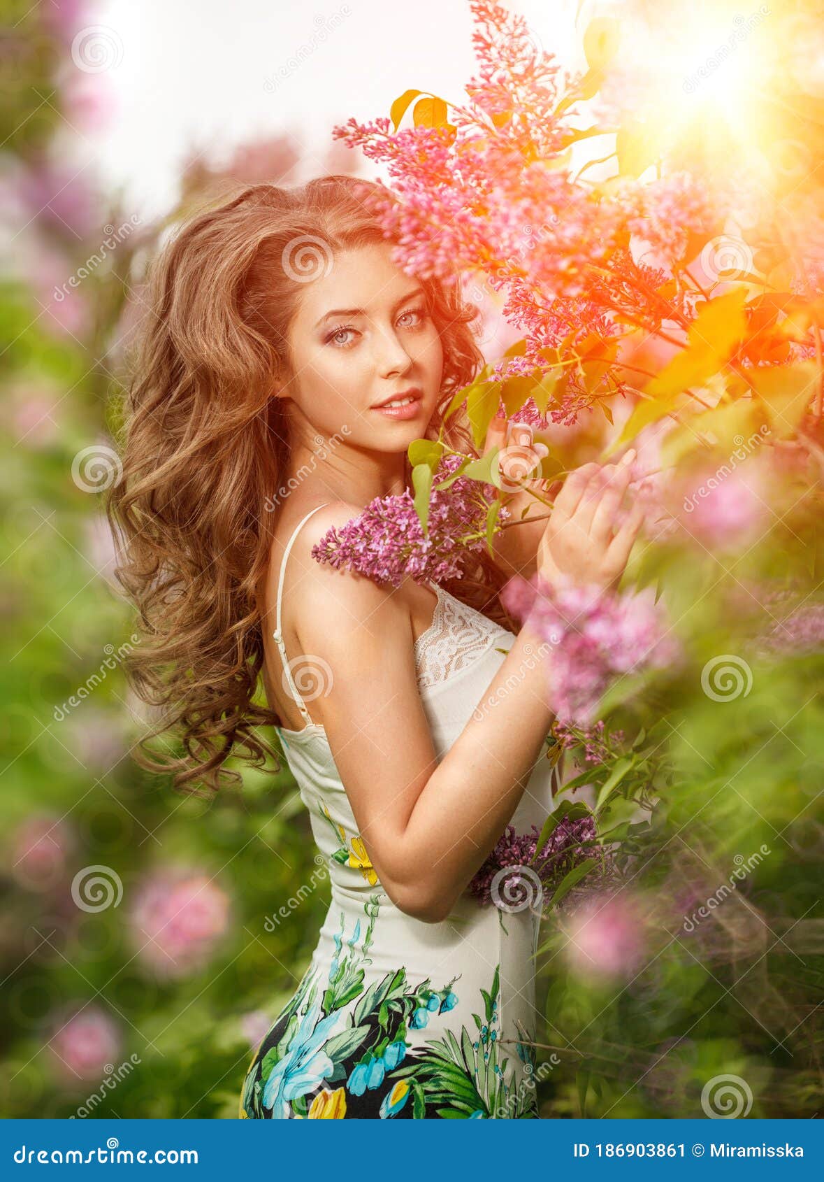 Beautiful Young Woman Near The Blossoming Spring Tree Model In Blossom Park Stock Image Image