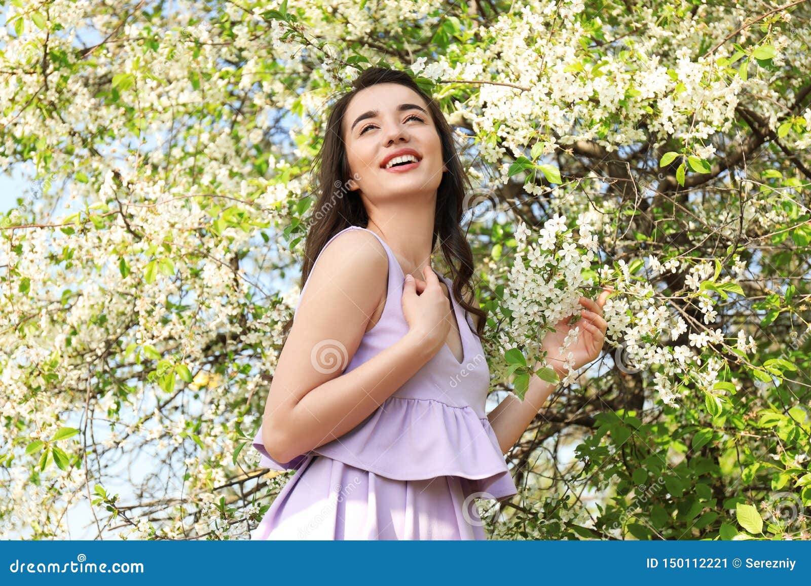 Beautiful Young Woman Near Blossoming Tree On Sunny Spring Day Stock Image Image Of Beautiful