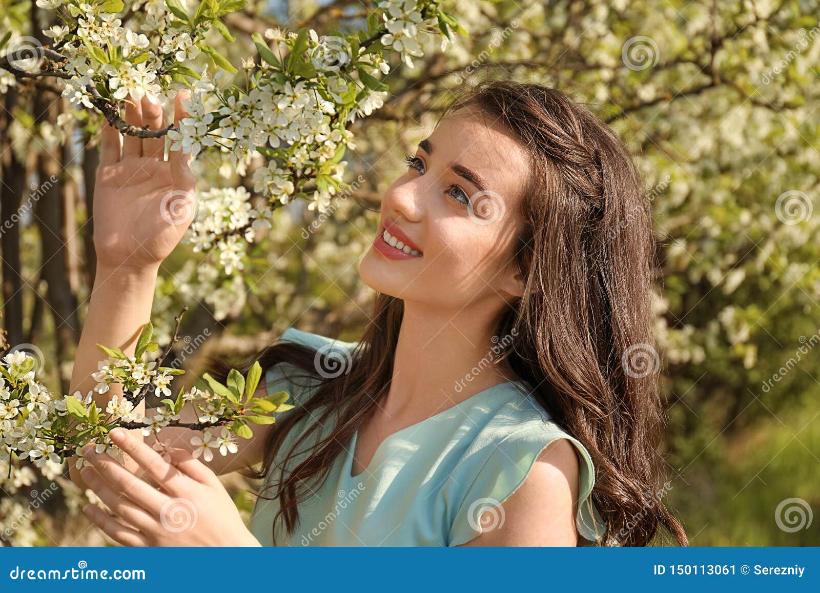 Beautiful Young Woman Near Blossoming Tree On Sunny Spring Day Stock Image Image Of Fresh