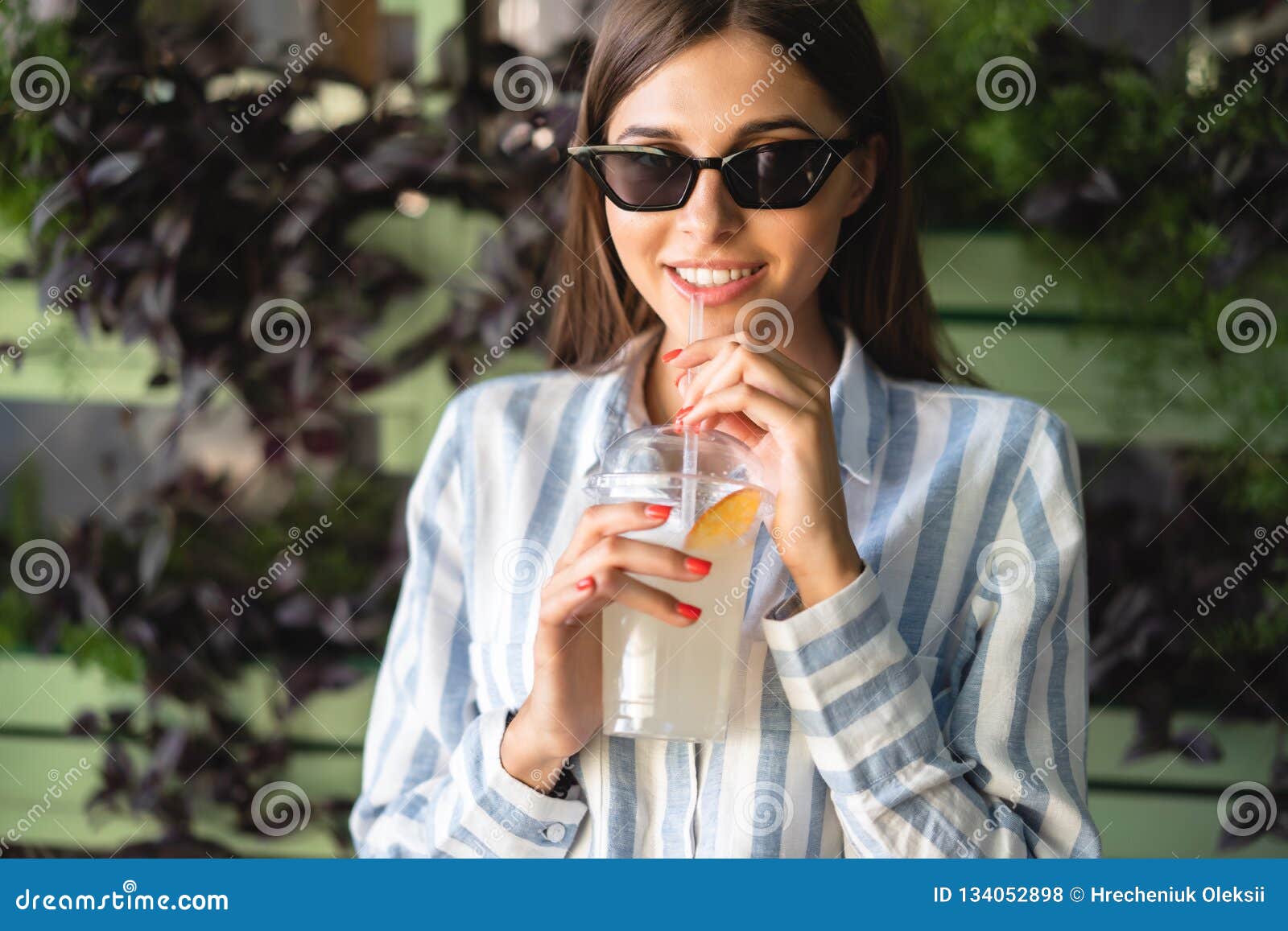 Beautiful Young Woman With Plastic Cup Of Fresh Cocktail Stock Photo ...