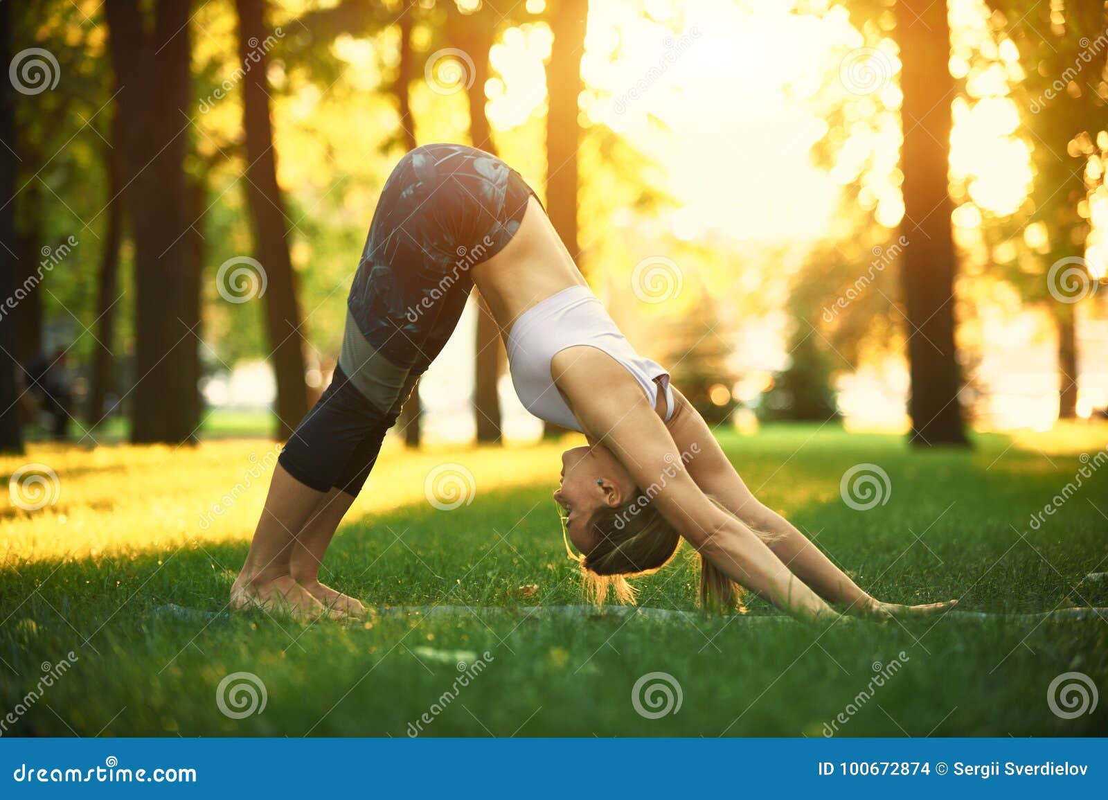 beautiful young woman practices yoga asana downward facing dog in the park at sunset