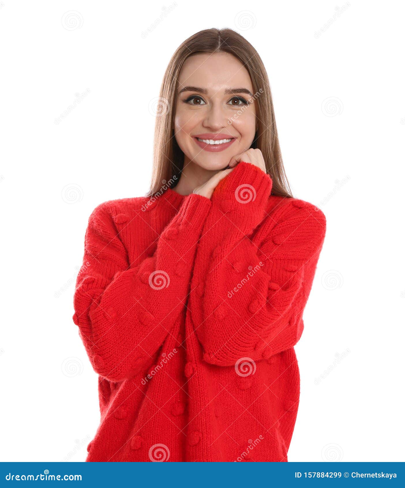 Beautiful Young Woman in Red Sweater on White Background Stock Image ...