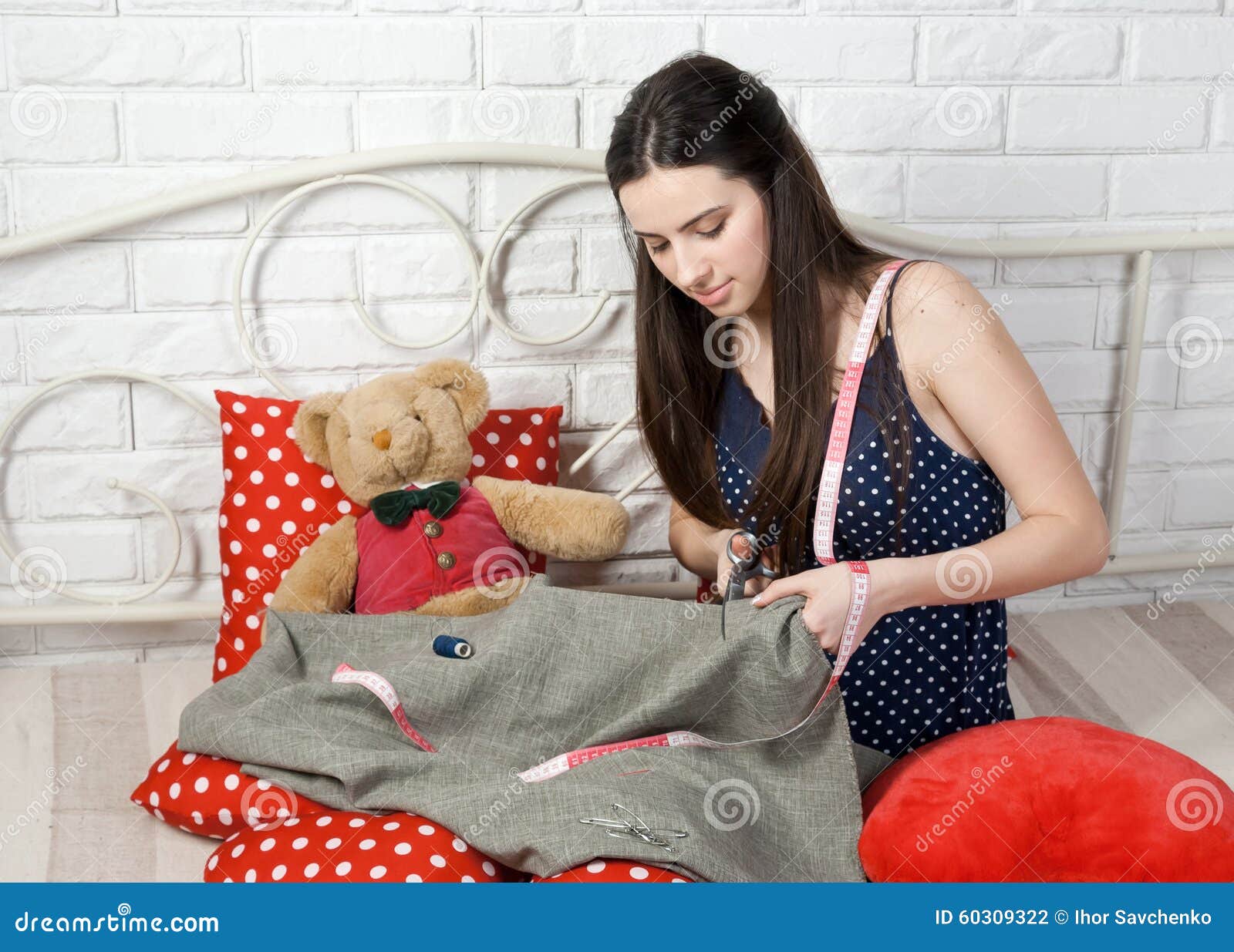 Beautiful Young Woman Seamstress Scissor Fabric on Bed Stock Photo ...