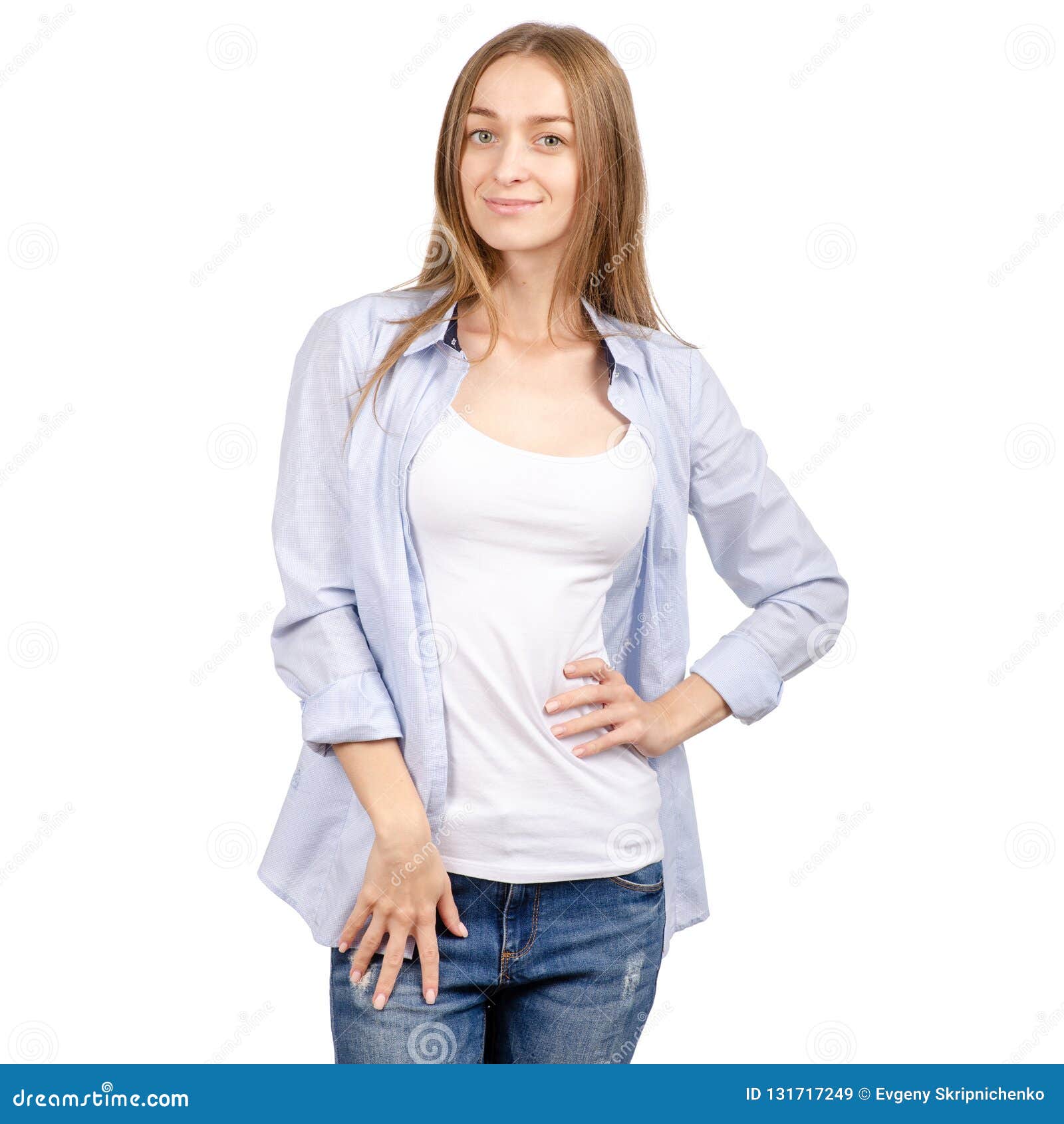 Beautiful Young Woman in Shirt and Jeans Smiling Stock Image - Image of ...