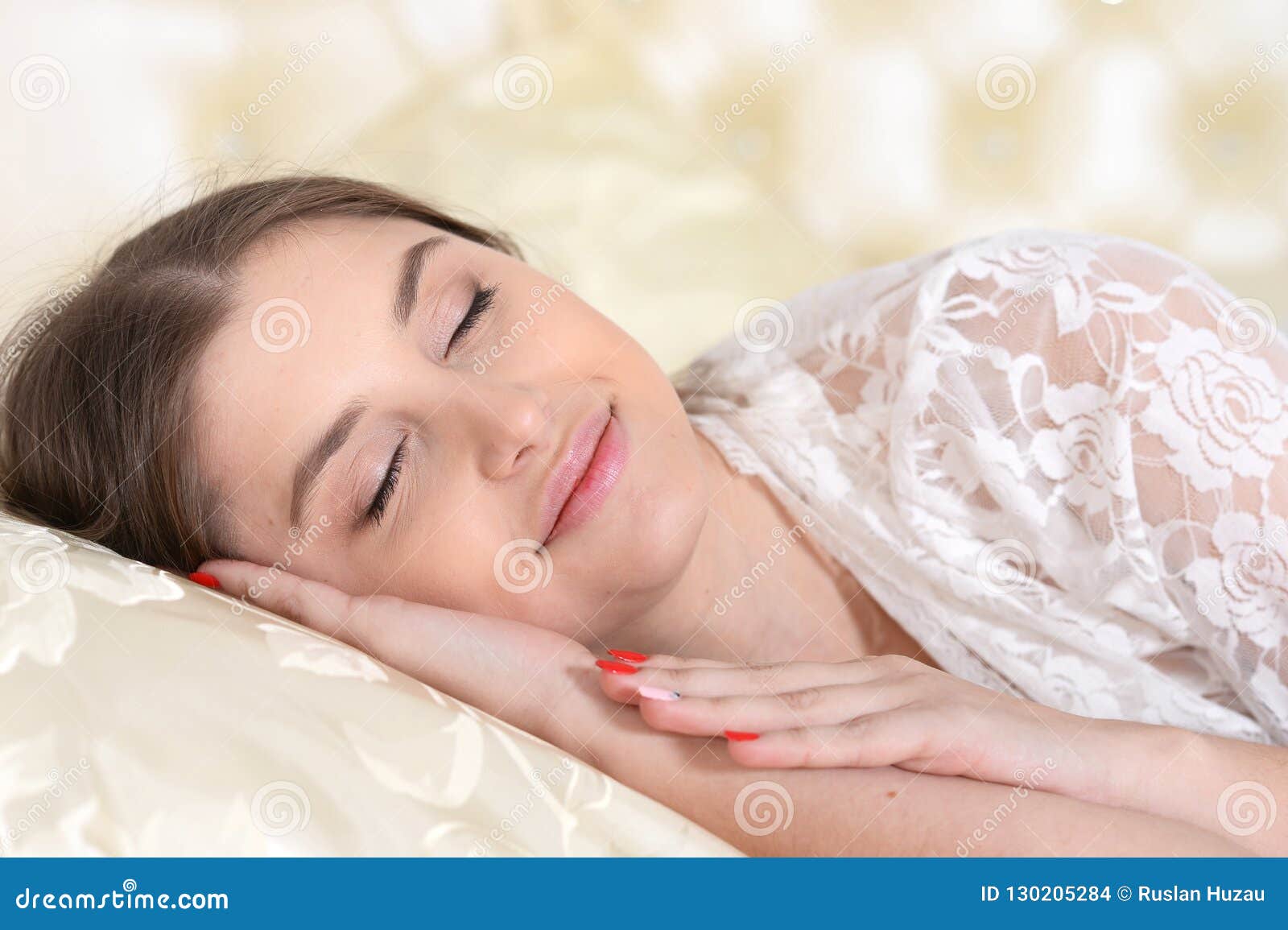 Portrait Of A Beautiful Young Woman Sleeping In Bed Stock Photo Image