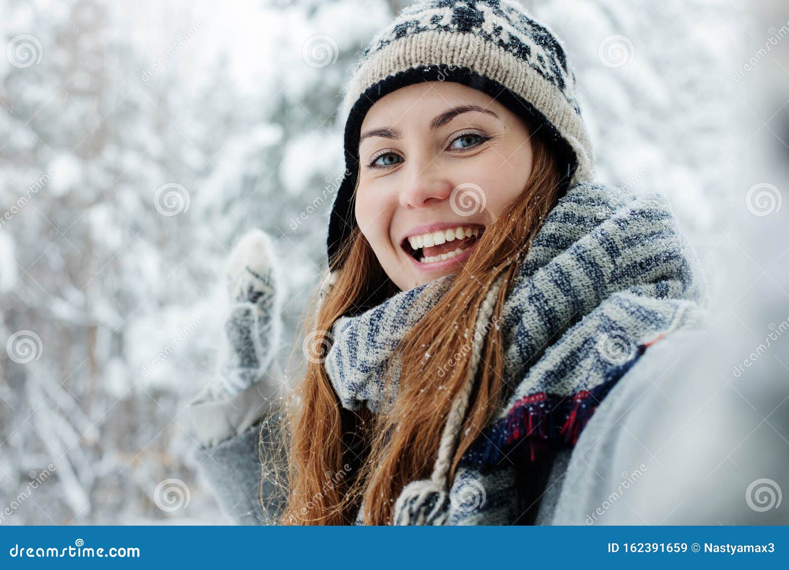Beautiful Young Woman Standing among Snowy Trees in Winter Forest and ...
