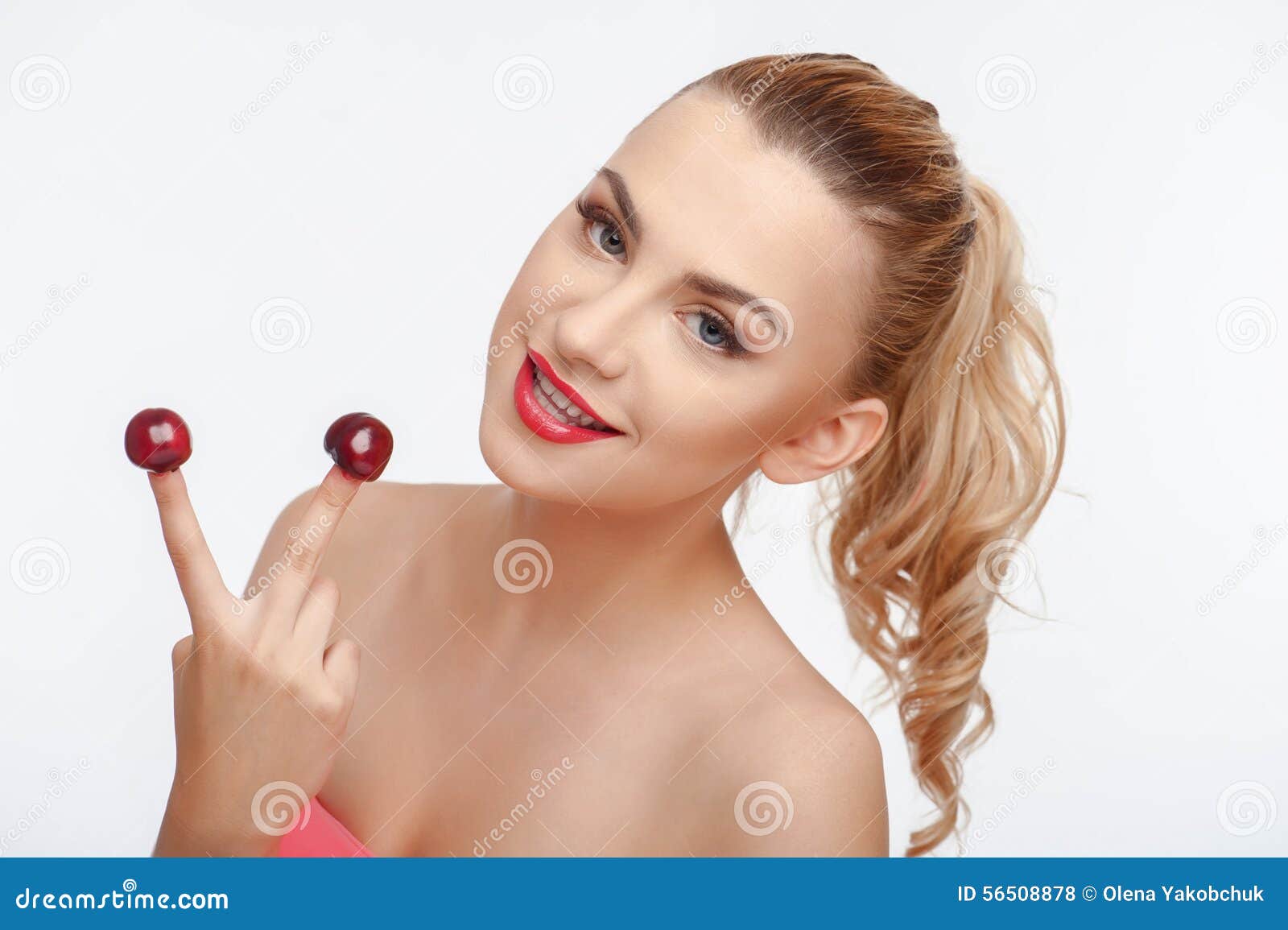 Beautiful Young Woman With Sweet Red Bird Cherry Stock Photo Image Of Cherry Healthy