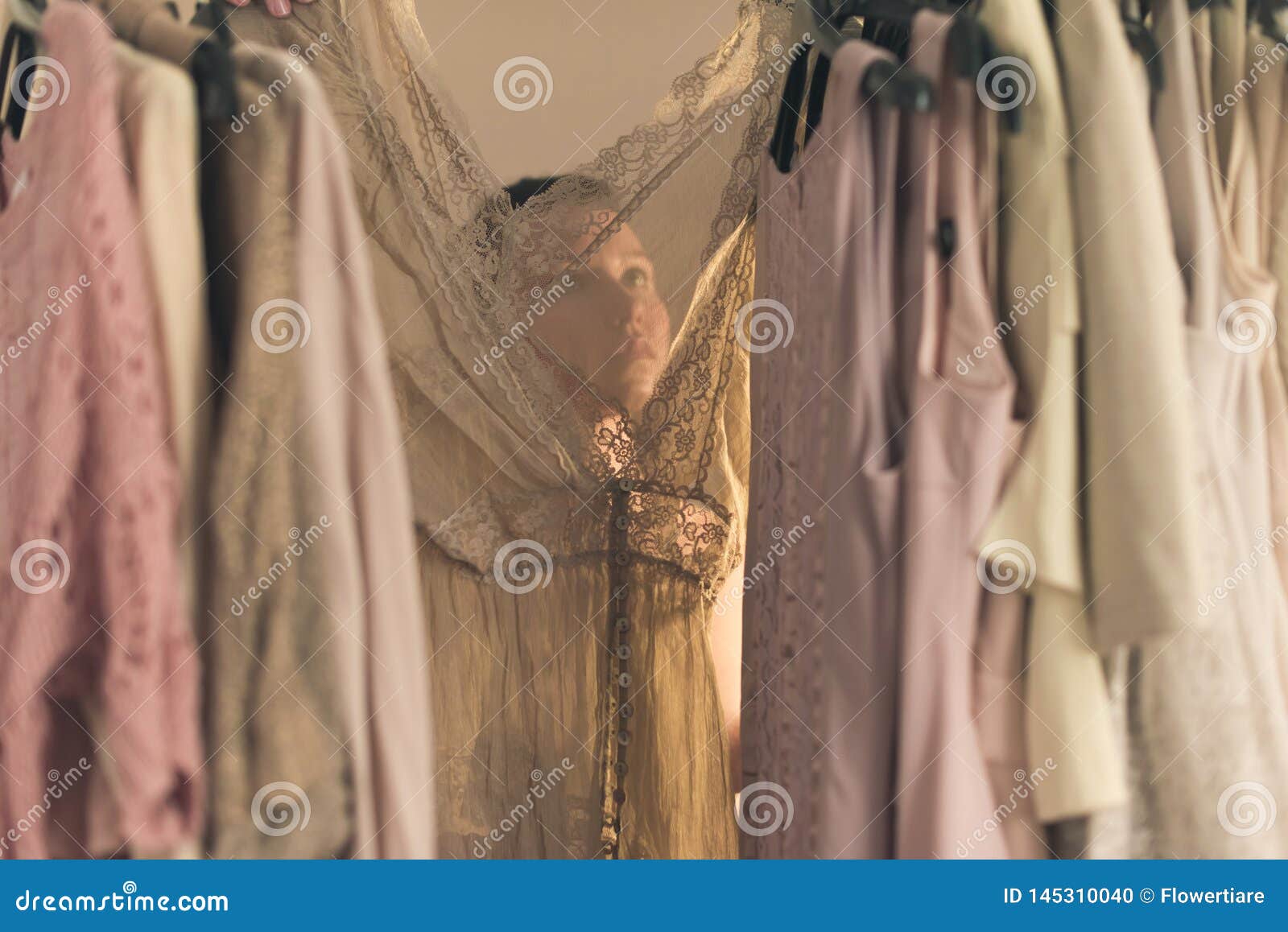 Beautiful Young Woman in the Underwear Choosing What To Wear Standing ...