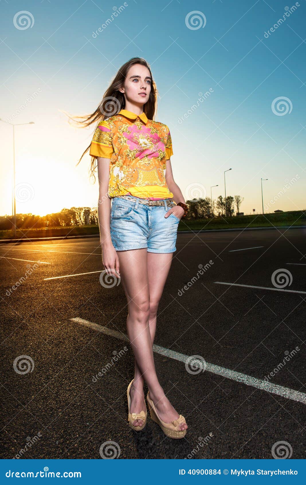 Beautiful Young Woman Walking on Asphalt Road Stock Photo - Image of ...