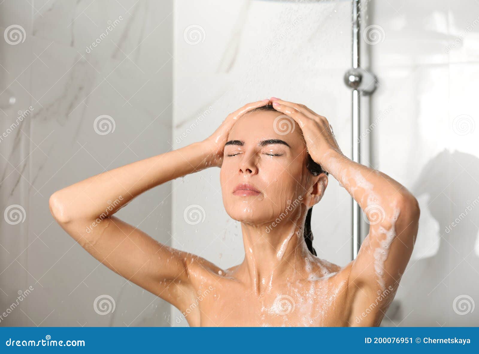 Beautiful Young Woman Washing Hair In Shower At Home Stock Image Image Of Bathing Girl 200076951