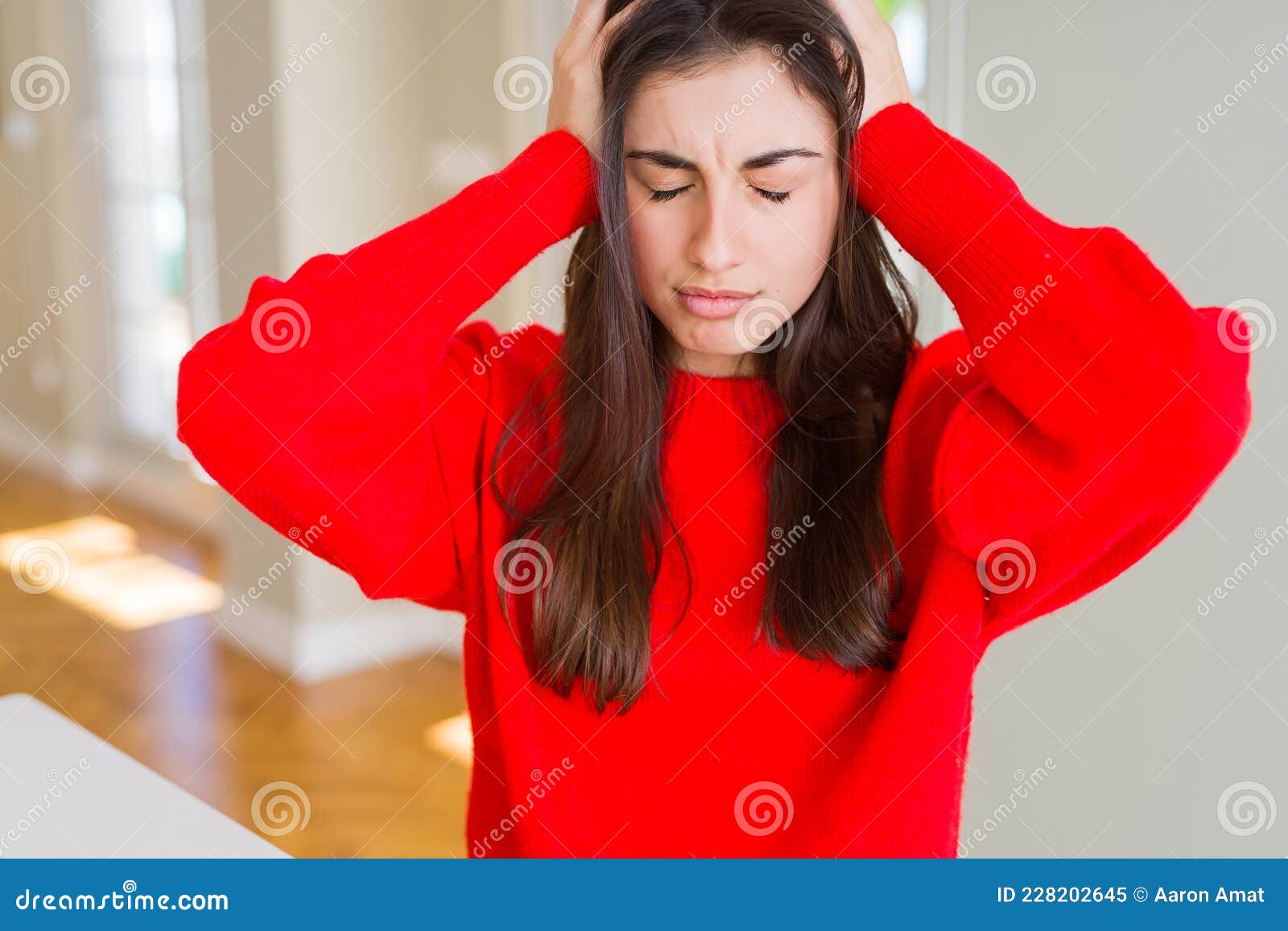 Beautiful Young Woman Wearing Casual Red Sweater Suffering from ...