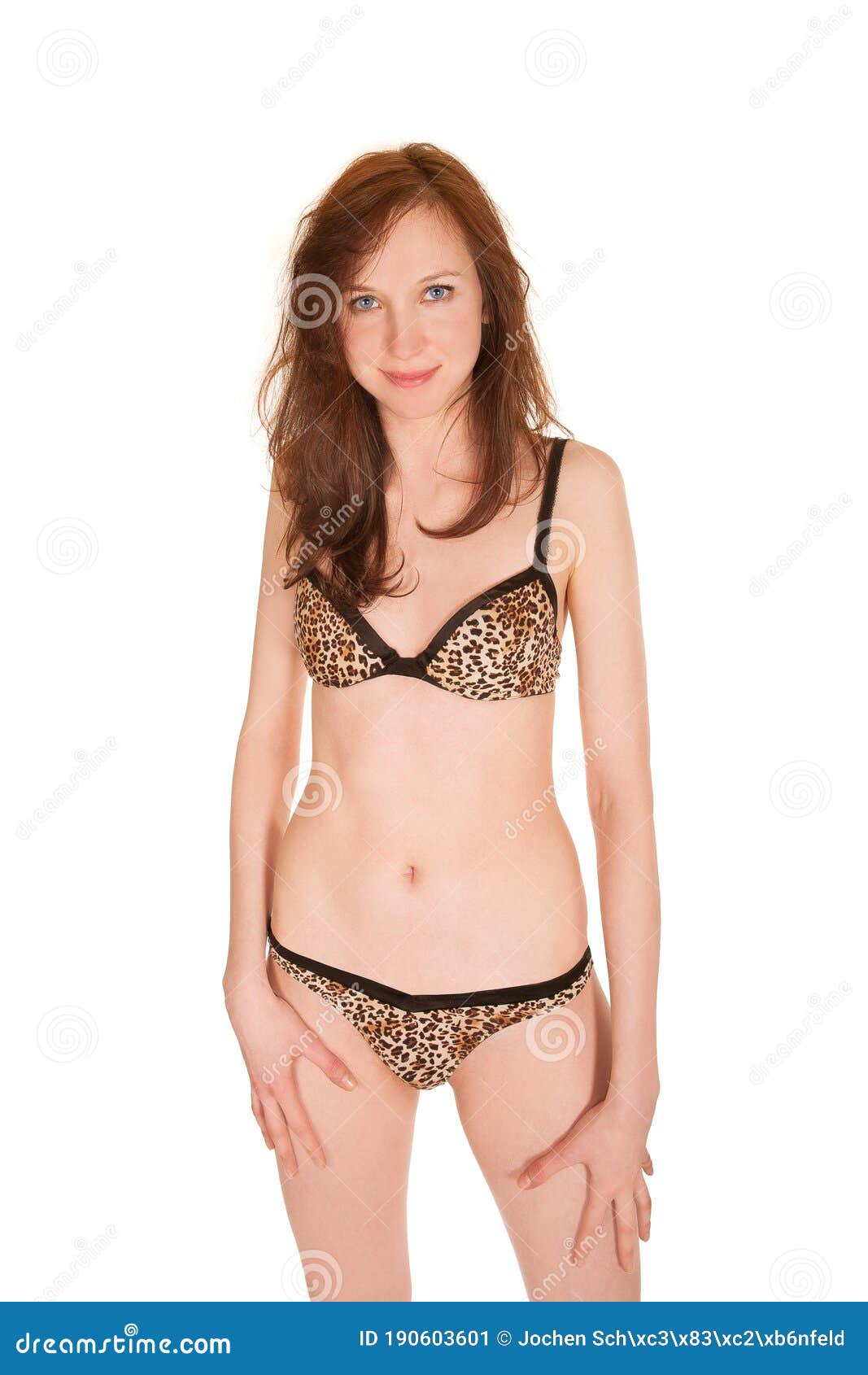 Beautiful Young Woman Wearing Leopard Print Bra and Panties Stock