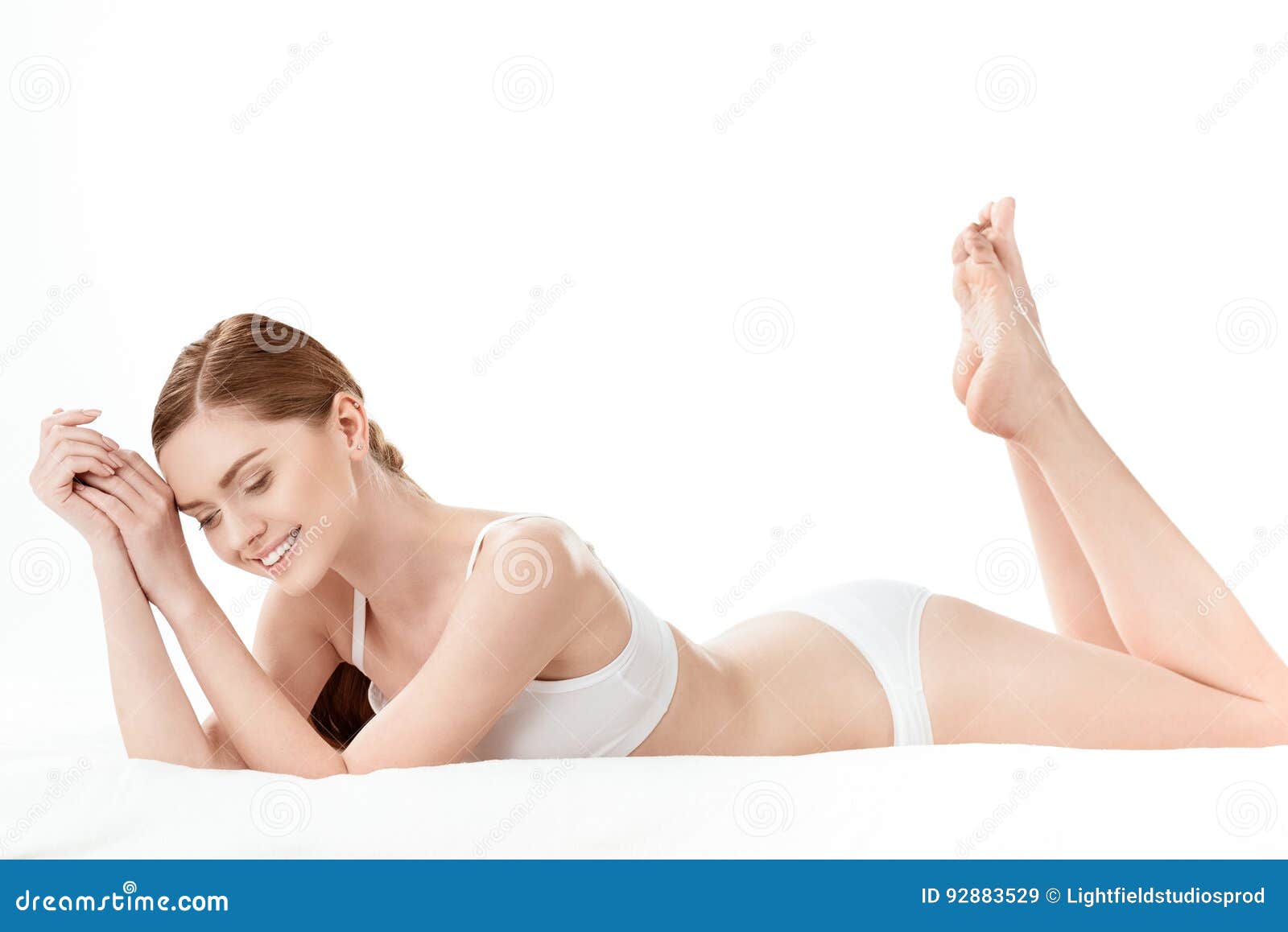 Free Photo  Young pretty girl in white underwear have head pain