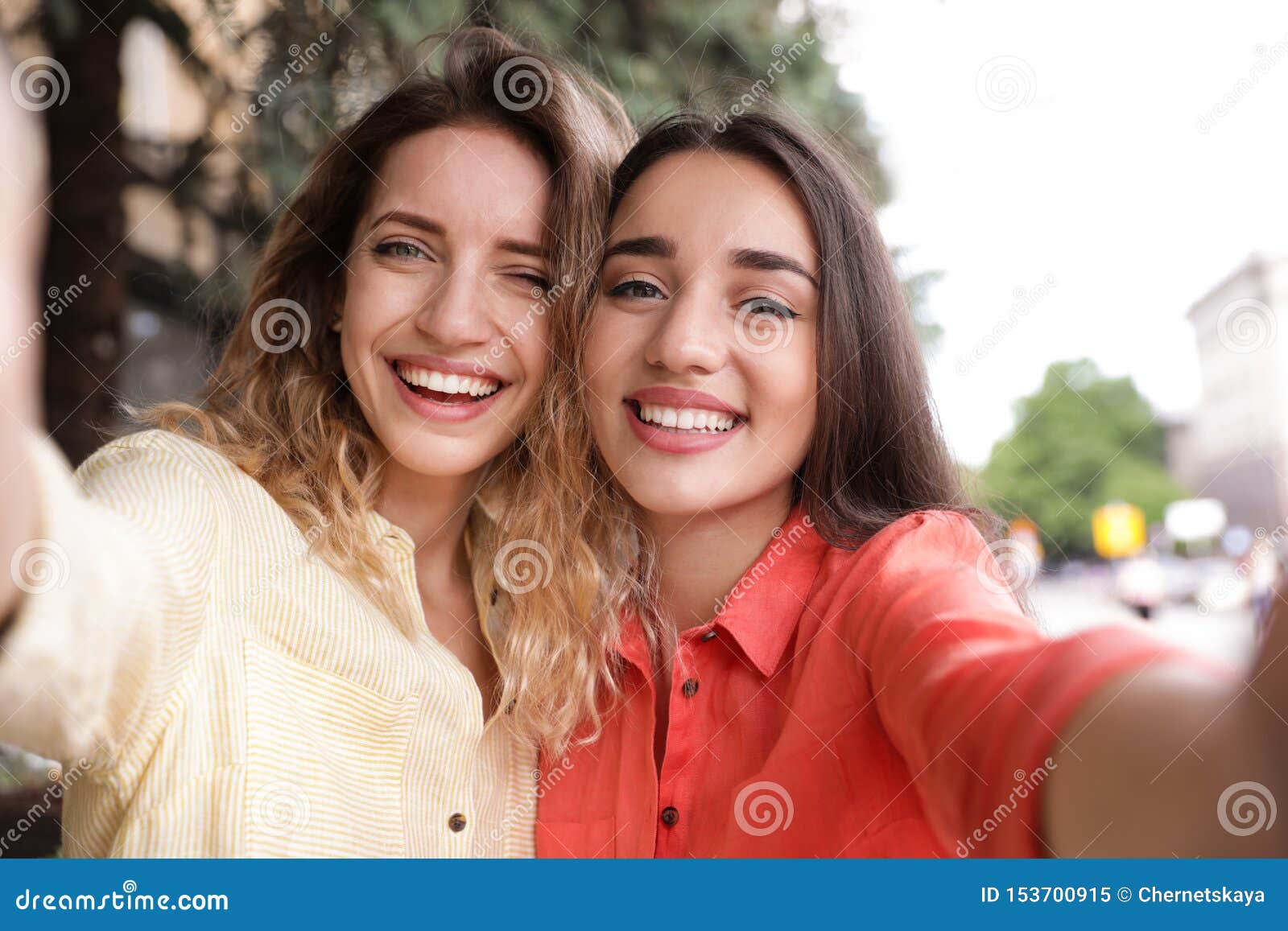 Beautiful Young Women Taking Selfie Outdoors Stock Image - Image of ...