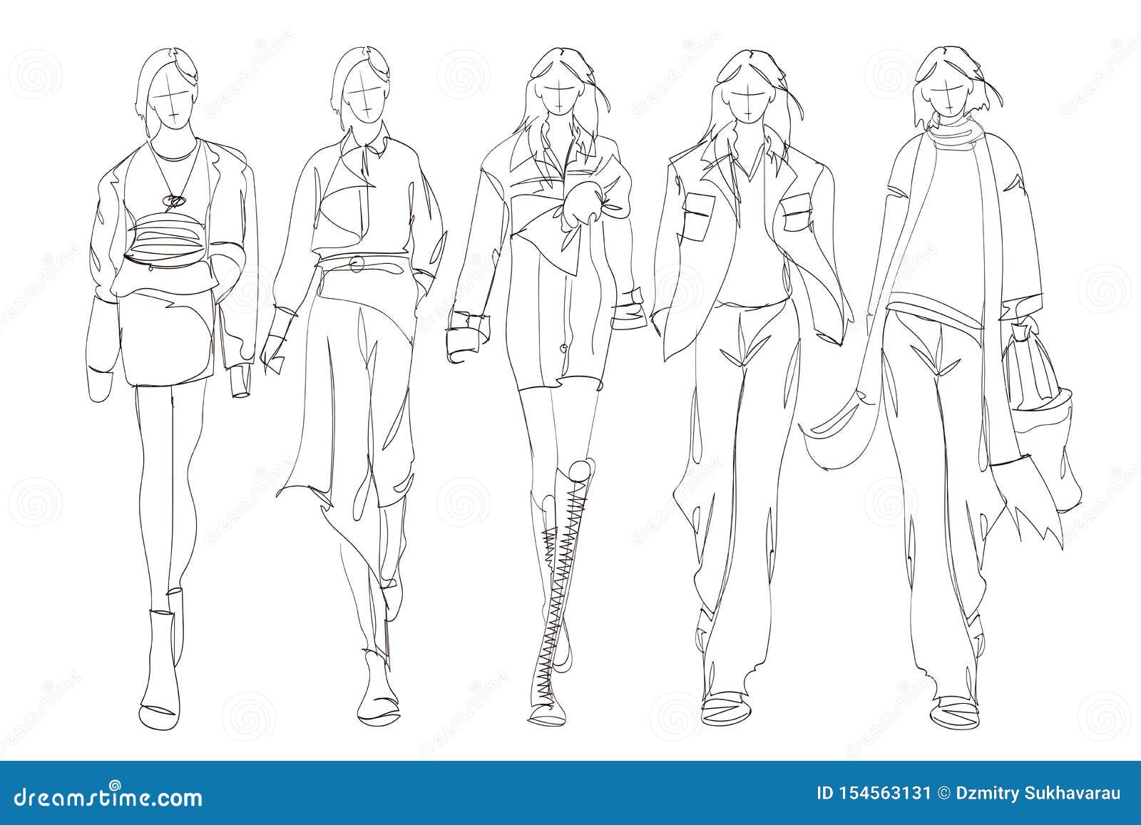 Beautiful Young Womens. Hand Drawn Fashion Girls. Fashion Model Posing ...