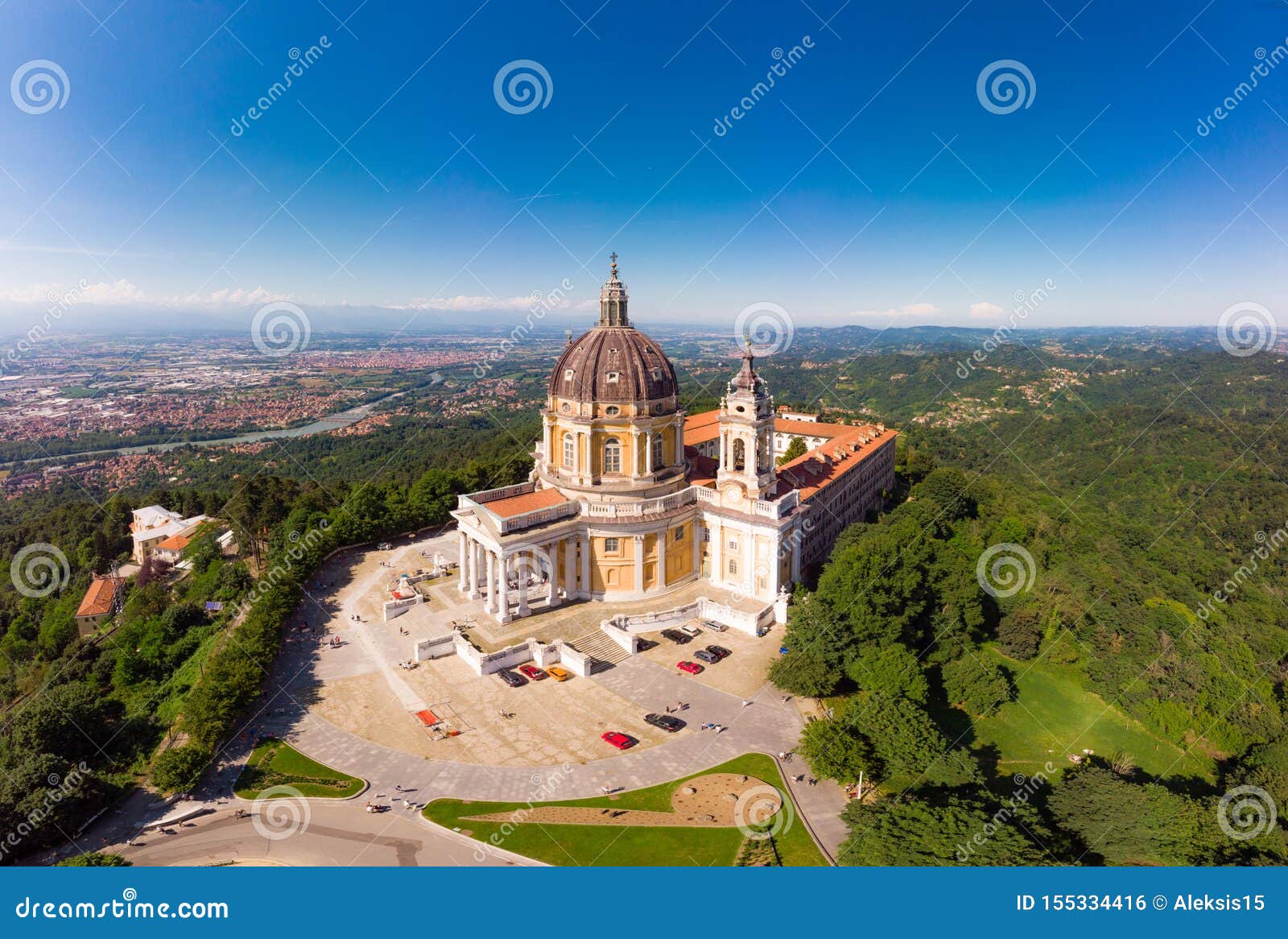 beautifull aerial panoramic view to the famous from the drone basilica of superga in sunny summer day. the cathedral church