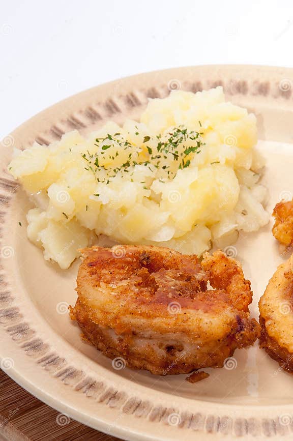 Beautifully Arranged Fried Fish with Potato Salad Stock Image - Image